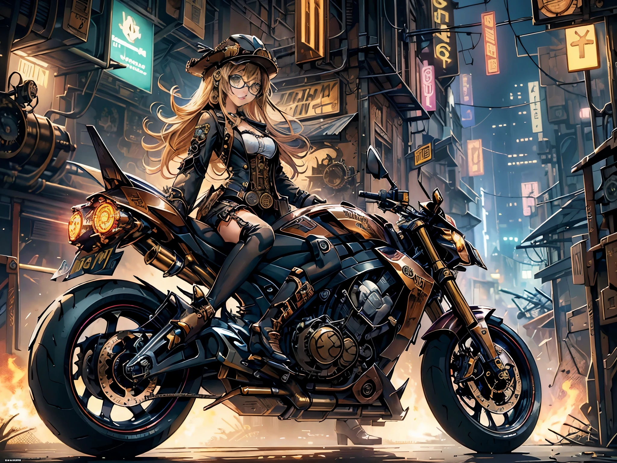 (comic book style),(line drawing_anime),(cowboy shot, highest quality, ),(Laura Budd Photos:1.2),(Laura Add Details:1.0),8K, flat color:0.8,dynamic angle,1 girl,smile、(On a steampunk motorcycle:1.5)、An elaborately decorated motorcycle、(Highly decorative and complex mechanical steampunk fashion, lace flare dolphin hat、goggles 1.5、machinery background、Gear background、Intricately mechanized steampunk cityscape 1.5),