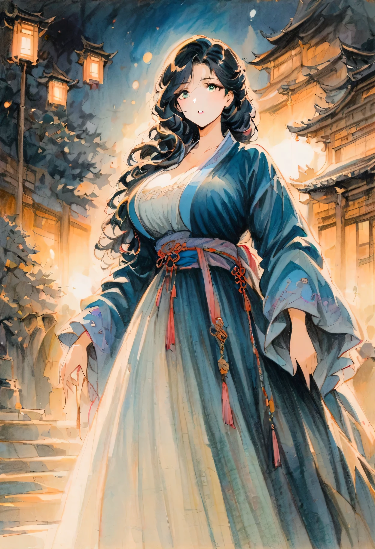 vintage movie, 1 girl,whole body,extremely detailed face, Beautiful and delicate eyes,There is light on the face,Large, regular breasts, movie lighting,looking at the audience,outdoor,black hair,(black chinese architecture:0.05),hanfu,traditional media, 