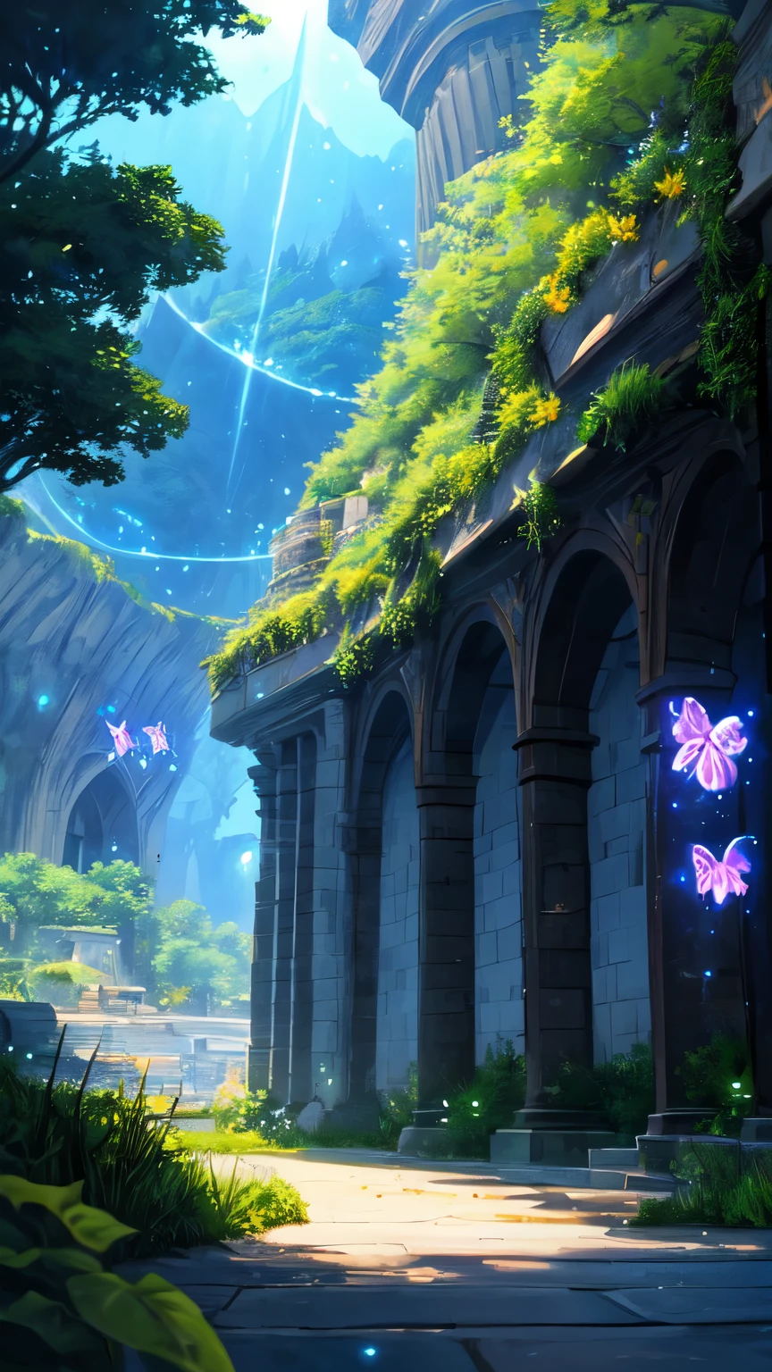 create kingdom castle with long view (glowing fireflies and butterfiles )(greenery view)(bright blue shinning sky)(night view)