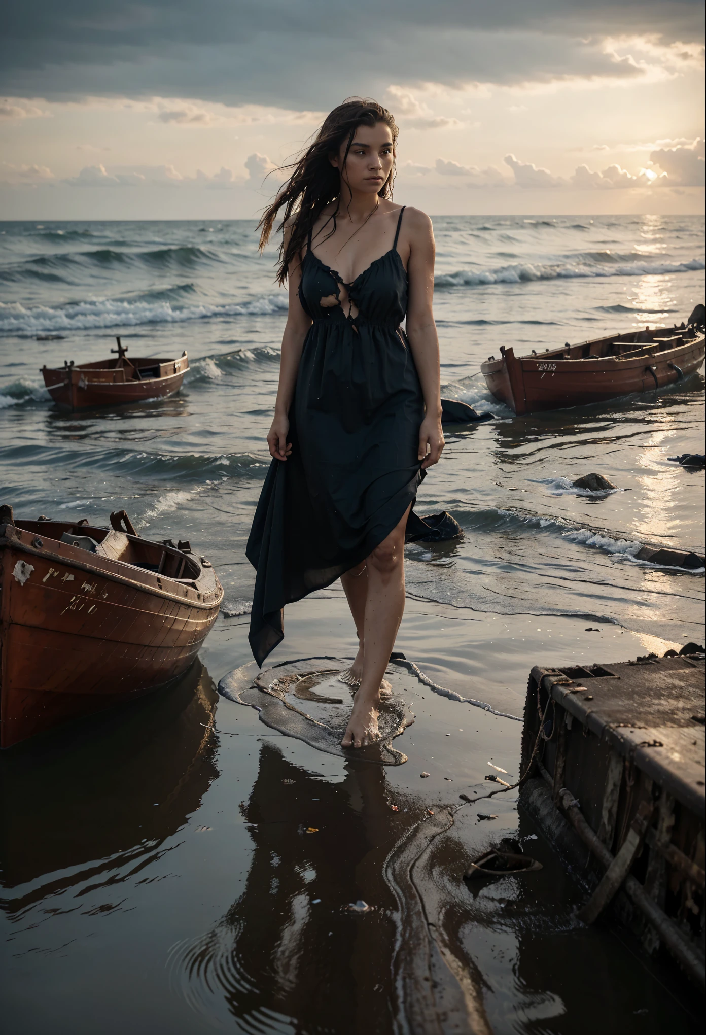 reference sheet: 1.8, great details, high quality, masterful work, a beautiful girl walks along the surface of the water at dusk, gloomy atmosphere, wet dress, gloomy background, River, stones, Dry trees, girl in a wet dress, Barefoot,  legs, got lost, girl in search, in a torn dress, torn clothes, torn fabric, pieces of cloth, came ashore after a shipwreck, shipwrecks float in the distance, wounds and abrasions on the body, walks and limps, in search of accommodation and food, a seriously wounded girl in scraps of dress and torn fabric, holds the wet hem of her dress with one hand, wounded body, seriously wounded girl can barely walk, boat from the side, ship wreck boat wreck