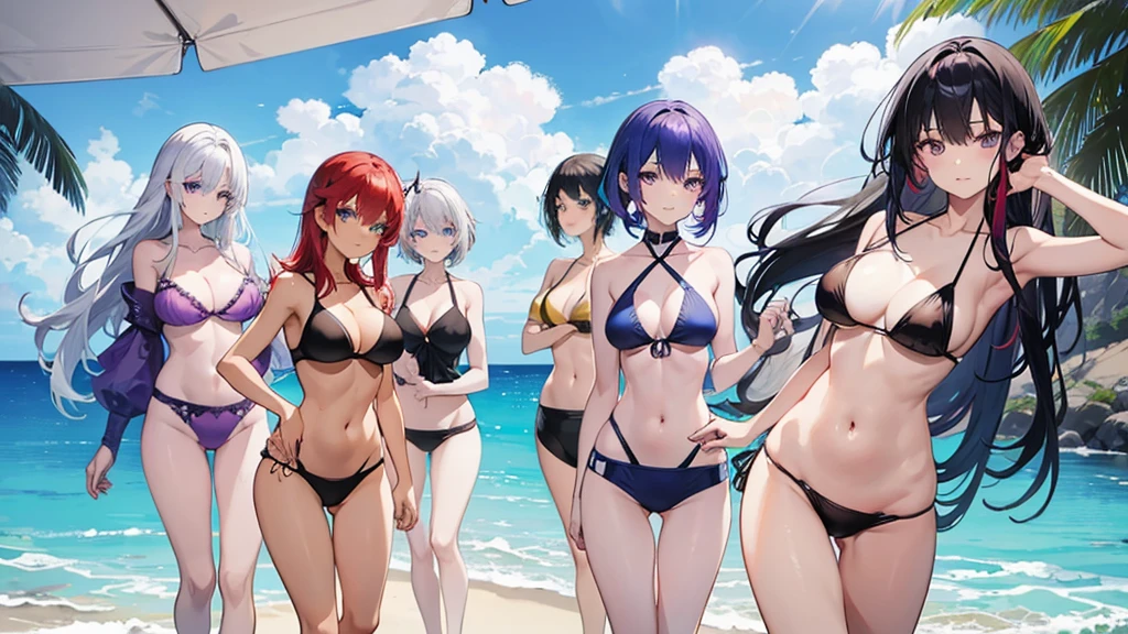 Six people,woman,There is a sense of distance,Sexy bikini swimsuit,red hair purple eyes,Blue hair and green eyes,Black hair, blue eyes,White hair and golden eyes,get beach ball