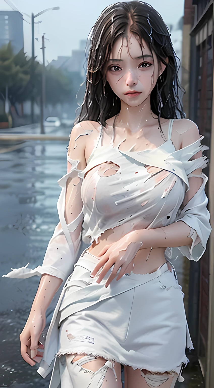 best image quality, masterpiece, super high resolution, (fidelity:1.4), photo, 1 girl, white shirt, torn skirt, white sneakers, dim, darkness, despair, pity, poor, movie, tears, teardrops, (torn clothes:1.5), (wet clothes:1.4), bare shoulders, real rain, wet hair,.., no bra, no panties, big breast