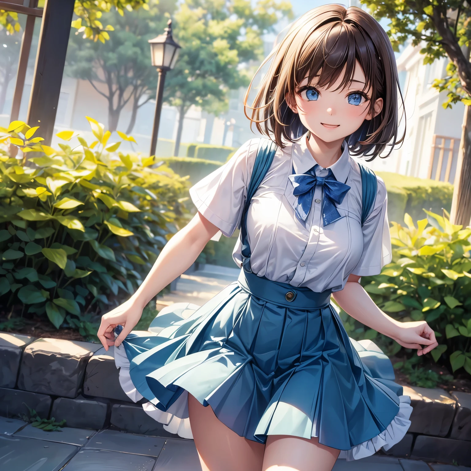 (8K, best quality, masterpiece: 1.2), Ultra-detailed, best quality, ultra high resolution, professional lighting, photon mapping, Radiosity, Physically based rendering, movie lighting, depth of field, focus, sun rays, good composition, (Bokeh: 1.2), 1 girl, (whole body), Smile, beautiful eyes, posture, shrink, brown hair, short hair, Light blue prairie shirt, skirt,garden,hand {hand指s} kawaii {hand指} hand,