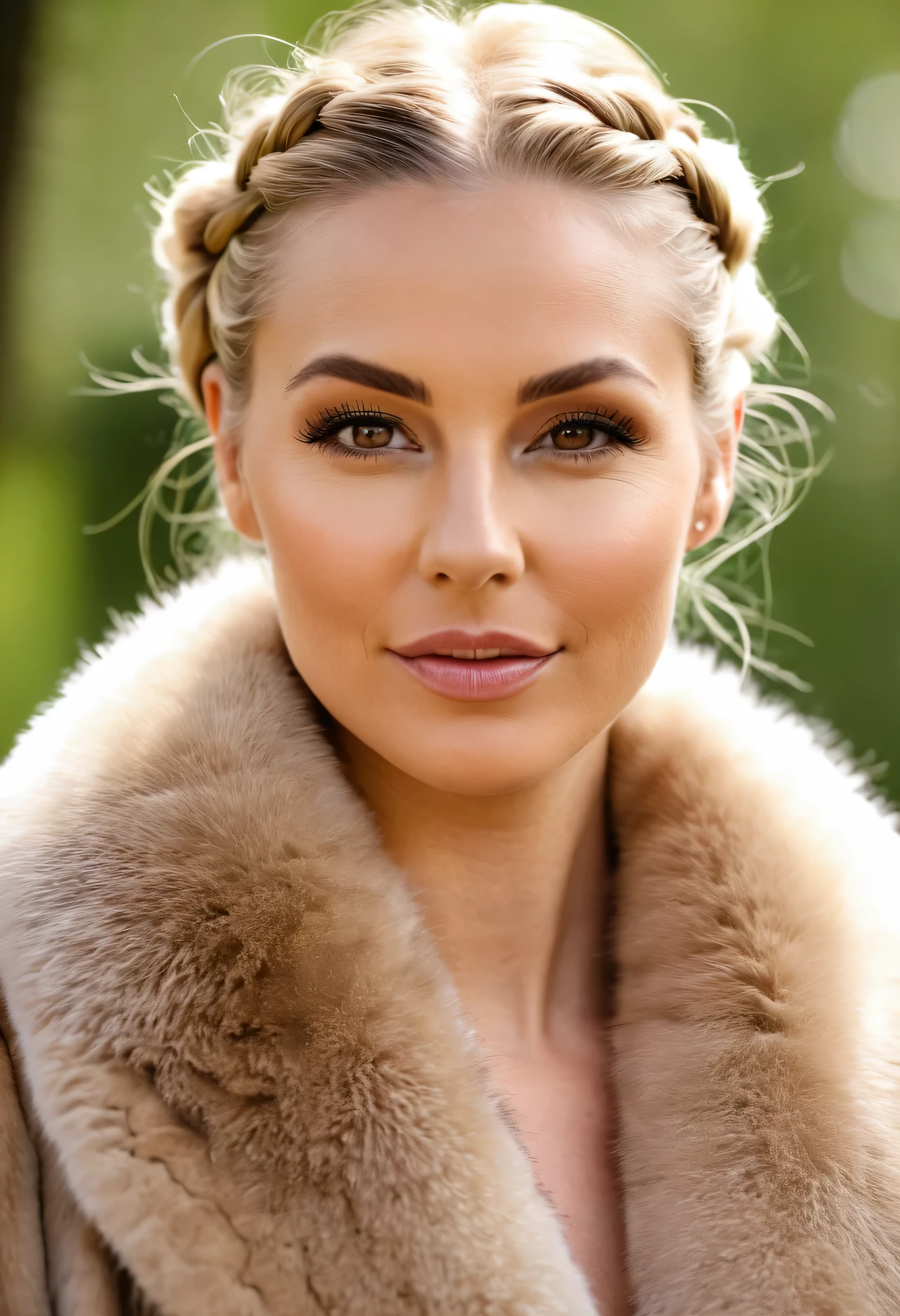 A very wide and very thick, very short sand mink fur coat, fifty centimeters thick, duveteux, naturel, with an ultra thick white and sand mink fur collar, three layers, best quality,4k,8K,high resolution,masterpiece:1.2),Ultra-detailed,(Realistic,photoRealistic,photo-Realistic:1.37), (Femme viking), scandinave, 35 ans,joufflu, "Ingrid Mueller" (tresses de cheveux blond clair), Forêt de bouleaux, natural lighting, ombres douces,palette de couleurs vertes, relaxed expression, braided hair,, doux sourire, atmosphère paisible, feuilles de printemps,beaux-arts,gros plan du visage et du haut du corps, , corps naturel, pose naturelle, Vent subtil soufflant, high resolution,detailed eyes, joues roses, attitude joyeuse