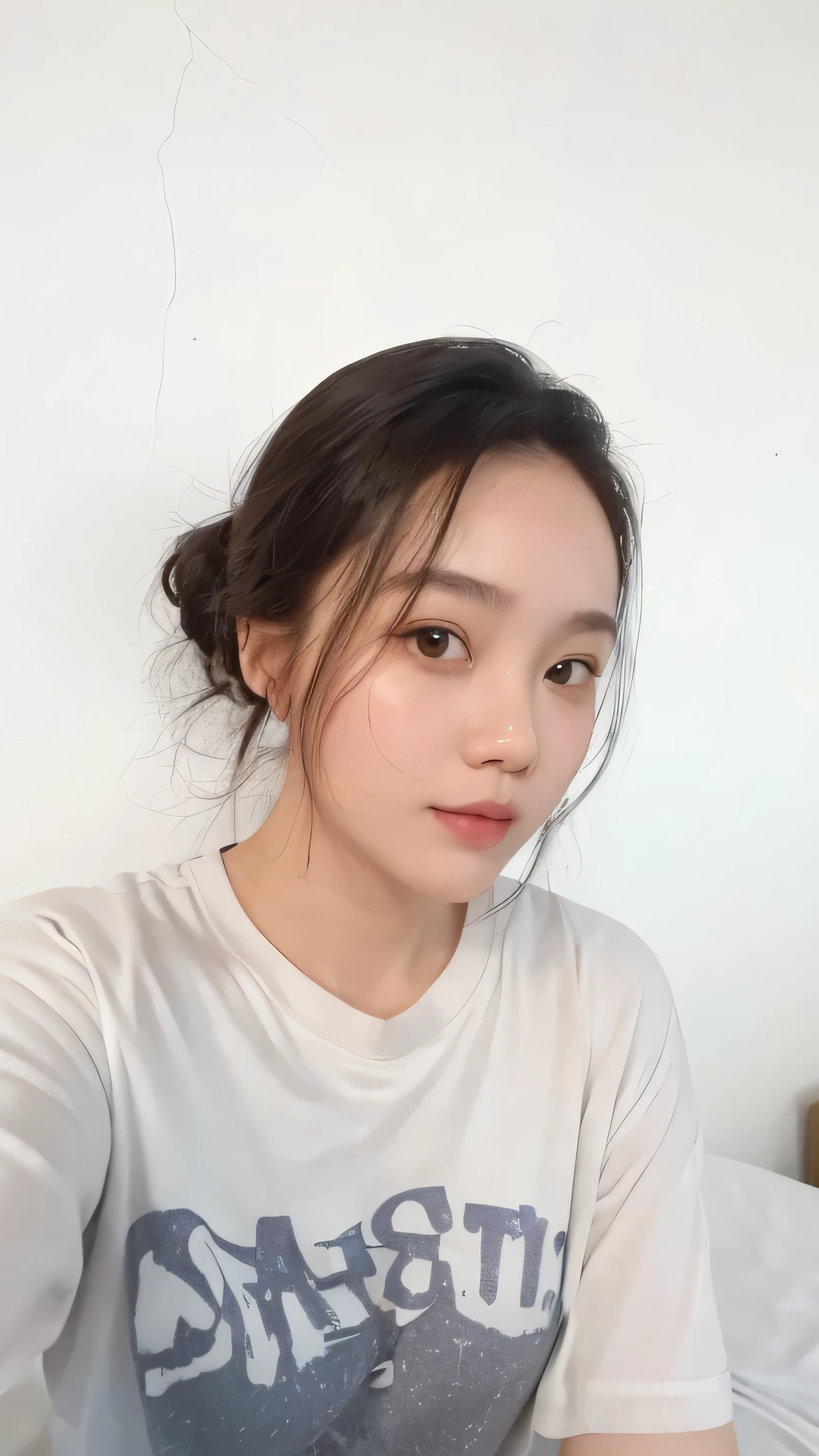 there is a woman sitting on a bed with a plate of food, with round face, face picture, south east asian with round face, with round cheeks, wide forehead, 8k selfie photograph, with short hair, selfie of a young woman, with accurate face, small heart - shaped face, 30 years old woman, 3 0 years old woman, selfie photo
