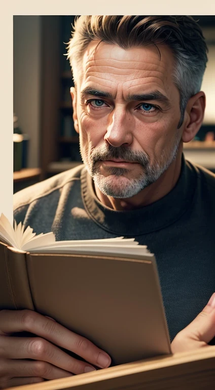 arafed man lire un livre in a living room, portrait de livre, connaissance intense, portrait, lire un nouveau livre, lire un livre, un homme d'middle age, detailed portrait shot, bel homme, homme dans la quarantaine, portrait photo, Artistic interpretation, incredibly realistic, detailed portrait shot, Realistic representation, Man with dark gray hair, Realistic shooting
