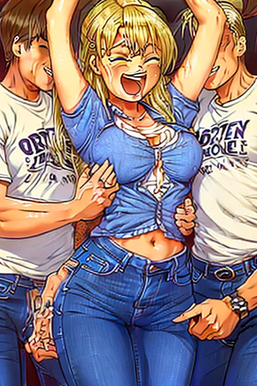 a capurted girl, tickling, ticklish, tickle, tickle torture, tickle fetish, grope, groping, fondle, fondled, ((she is being pinched by hands, on her body:1.4)), (hands squeezing on torso, many hands:1.2), hands pinch her breasts, grab her torso, grab her ass, squeeze her thighs, (fingers on her armpits:1.2), (hands on her body), she is being restrained, held, helpless, defenceless, she is laughing, excited, squinting, (eyes closed in laughter), (detailed face, perfect mouth, perfect teeth1.1), ((accurate face)), low angle photo full body, (sexy hot blonde girl, thick body, wearing jeans and tshirt:1.5), sexy body),