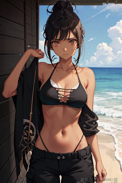 Beautiful tanned anime girl, slender waist, curvy hips, long wavy hair tied up in a messy bun, expressive brown eyes filled with distress, wearing a vibrant bikini top and cargo pants, lying on the sandy beach, hands clutching her stomach in pain, pale cheeks showing signs of hunger and punishment, her body weakened by starvation, the sun casting long, dramatic shadows, the atmosphere tense, ultra-detailed rendering, realistic textures, high-resolution, HDR, muted colors, focusing on the girl's anguished expression and the creases on her stomach, softly lit, professional artwork.