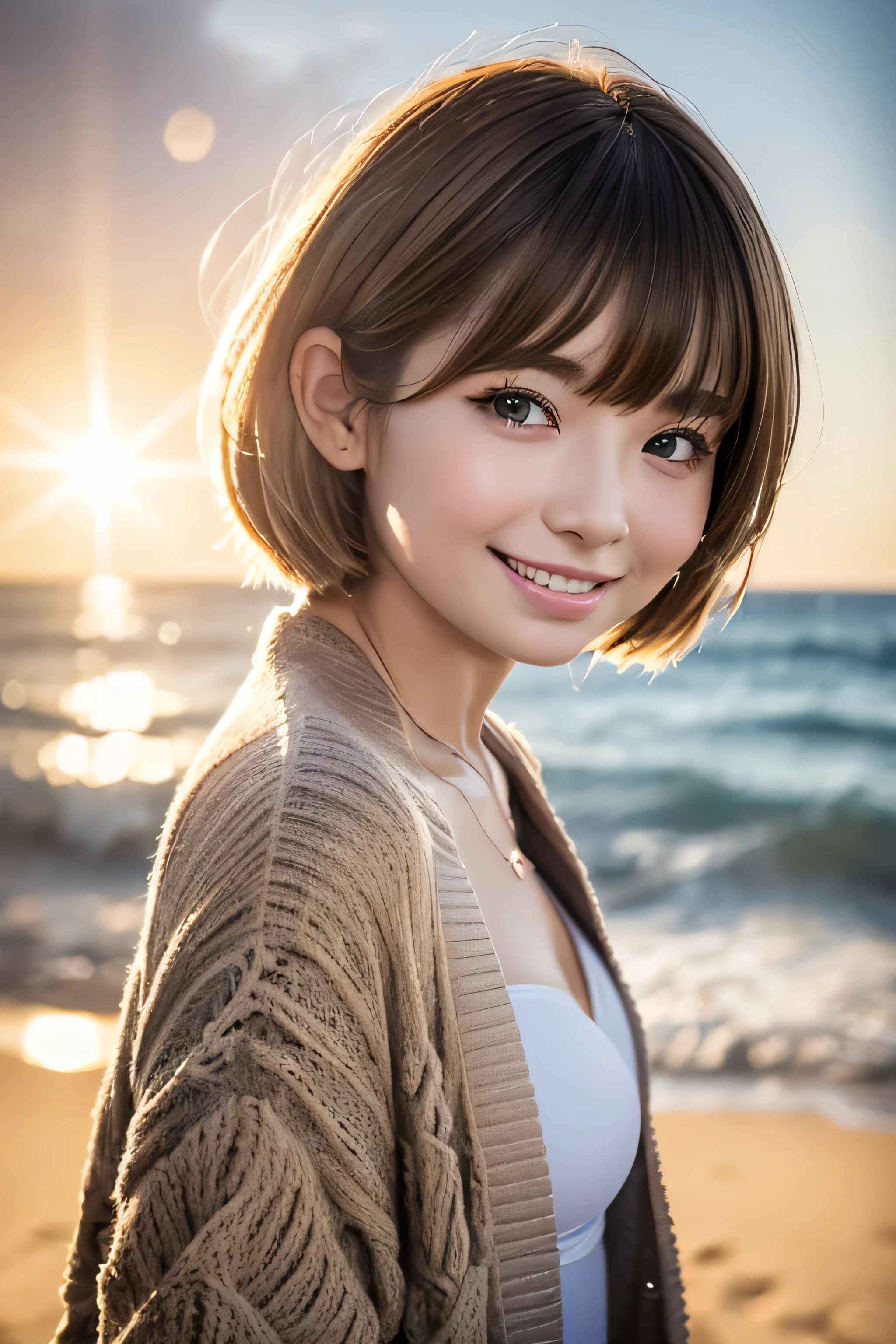 ((No makeup、close your mouth:1.2))、(realistic、Photoreal、super detailed、best detailed skins、highest quality、masterpiece、超A high resolution)、cute russian woman、、high school girl、young girl、1 girl、have bangs、ash blonde:1.7、double eyelid、drooling eyes、Japanese style face、purity、double teeth、realistic skin type、(I cut my hair short、Shaggy cut cardigan that bounces outwards:1.2).fluffy hair、red cheeks、Lighting from behind、I went to the beach in the middle of winter lol Waikiki Beach in Hawaii、In a gingham checked bikini、With a smile、((Lens flare:1.3))