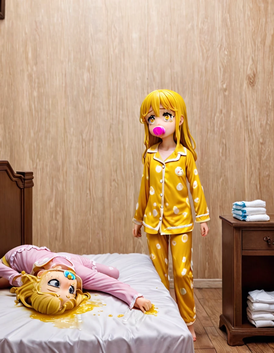 An 8--old l peed herself in her bed at night. Her bed is wet with urine. She stands in her urine-wet pajamas and cries.. Pajamas are wet only at the bottom. With her hands she wipes her eyes from tears. The pajamas are white, but the urine has turned the shorts yellow.. Next to the bed, on which a urine stain is visible, there is a nightstand with a pack of diapers and a pacifier..