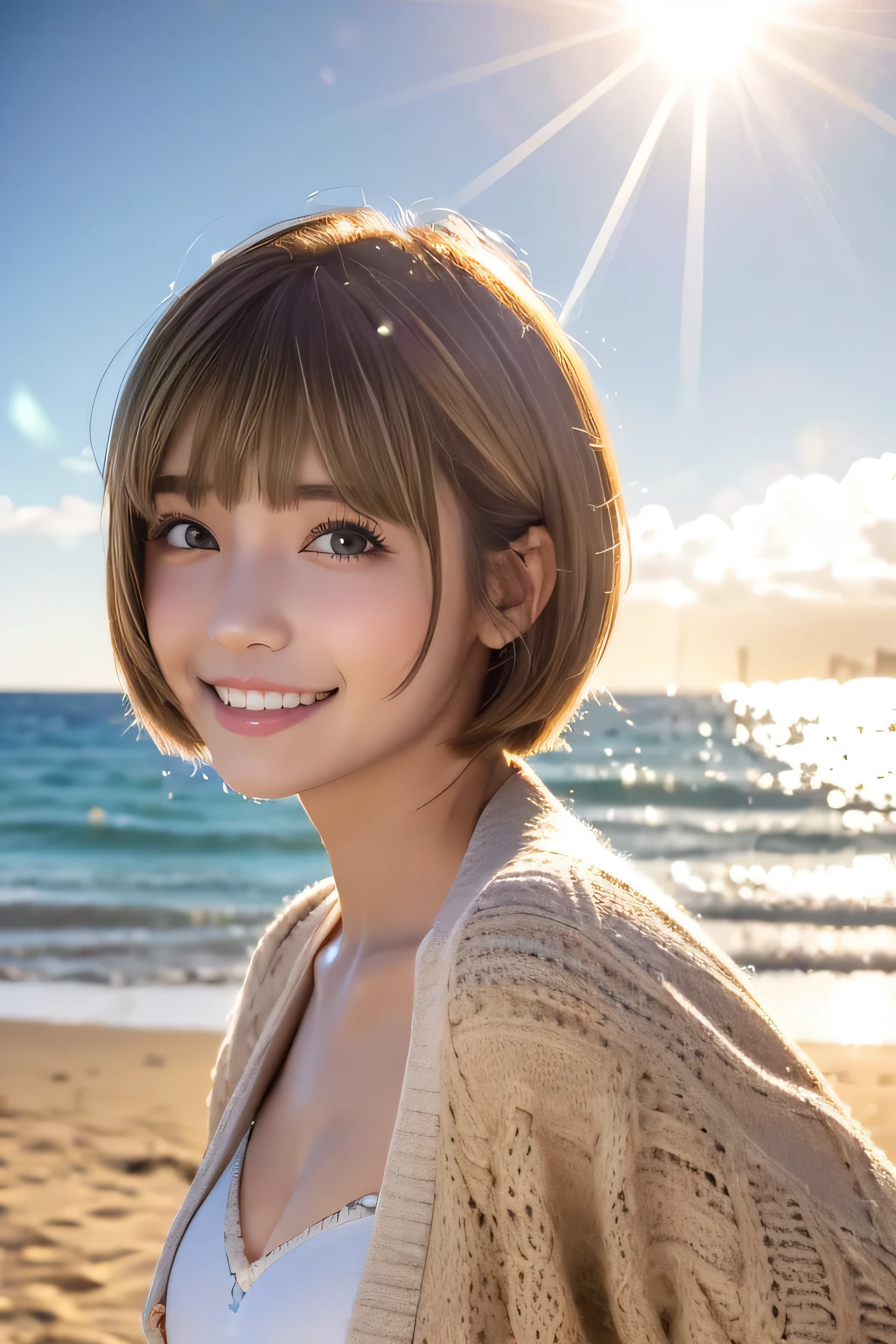 ((No makeup、close your mouth:1.2))、(realistic、Photoreal、super detailed、best detailed skins、highest quality、masterpiece、超A high resolution)、cute russian woman、17 years old、high school girl、young girl、1 girl、have bangs、ash blonde:1.7、double eyelid、drooling eyes、Japanese style face、purity、double teeth、realistic skin type、(I cut my hair short、Shaggy cut cardigan that bounces outwards:1.2).fluffy hair、red cheeks、Lighting from behind、I went to the beach in the middle of winter lol Waikiki Beach in Hawaii、In a gingham checked bikini、With a smile、((Lens flare:1.3))