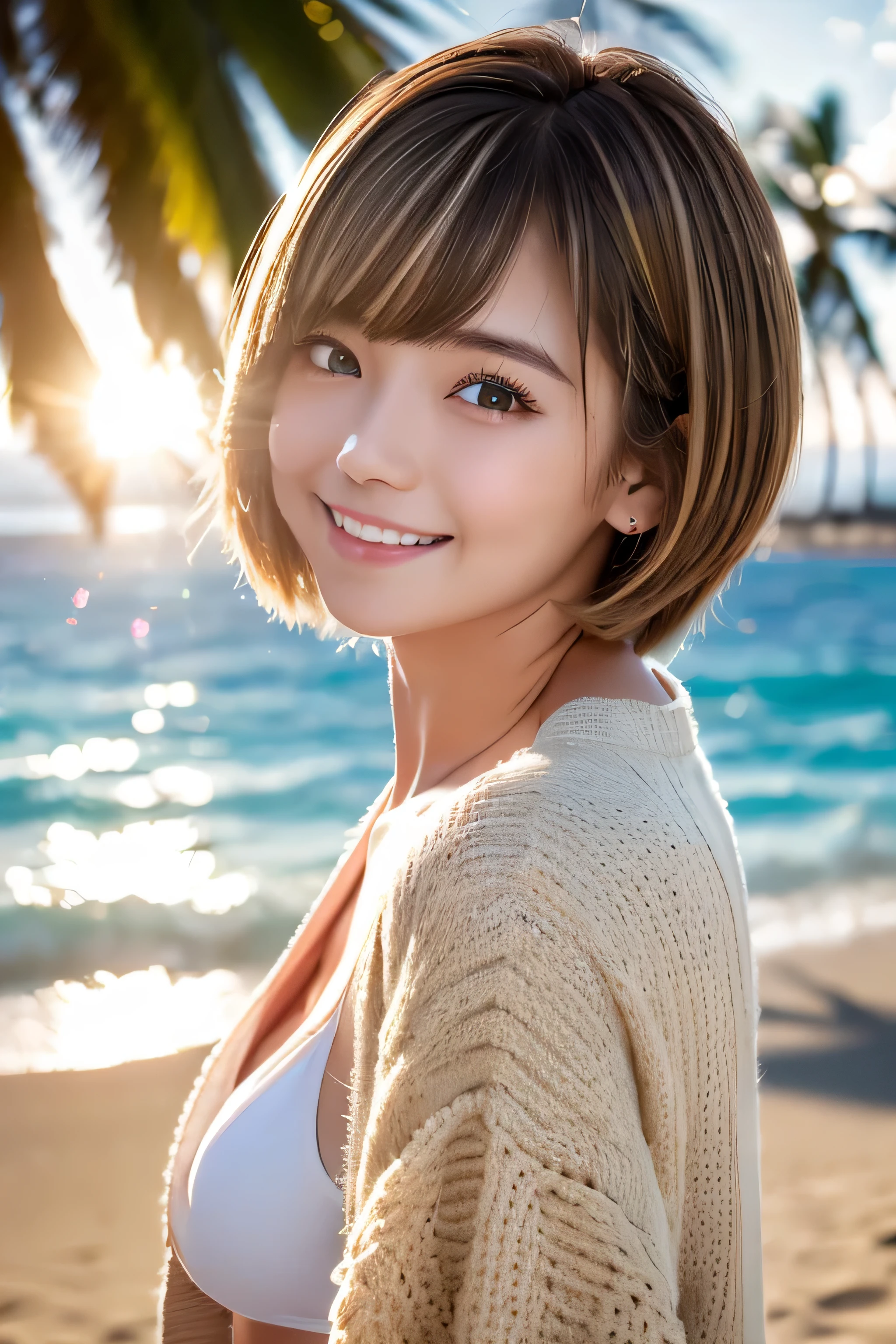 ((No makeup、close your mouth:1.2))、(realistic、Photoreal、super detailed、best detailed skins、highest quality、masterpiece、超A high resolution)、cute russian woman、17 years old、high school girl、young girl、1 girl、have bangs、ash blonde:1.7、double eyelid、drooling eyes、Japanese style face、purity、double teeth、realistic skin type、(I cut my hair short、Shaggy cut cardigan that bounces outwards:1.2).fluffy hair、red cheeks、Lighting from behind、I went to the beach in the middle of winter lol Waikiki Beach in Hawaii、In a gingham checked bikini、With a smile、((Lens flare:1.3))