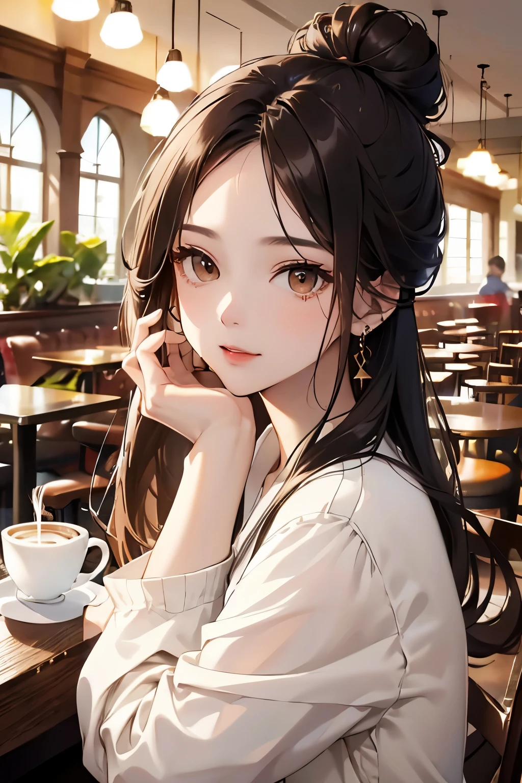 best quality, highres,Slender、brown eyes、tall、black hair、(forehead:1.3)、(semi-long:1.3),bun hair、(Cafe:1.4)、No sleeve、(white blouse:1.3)、cardigan、earrings