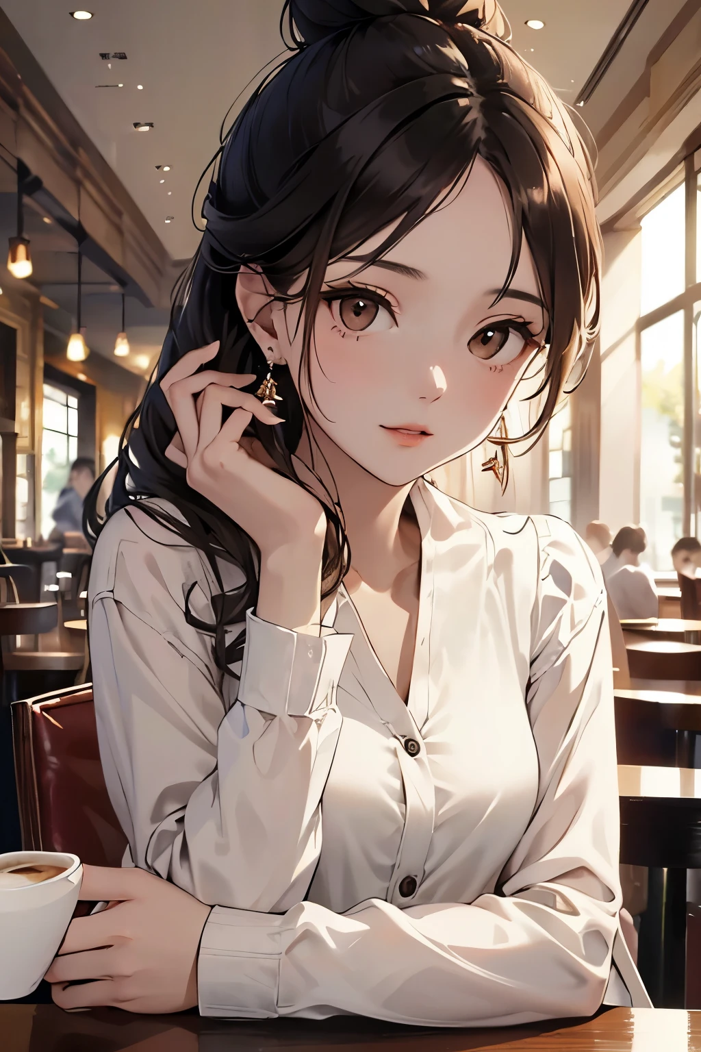 best quality, highres,Slender、brown eyes、tall、black hair、(forehead:1.3)、(semi-long:1.3),bun hair、(Cafe:1.4)、No sleeve、(white blouse:1.3)、cardigan、earrings