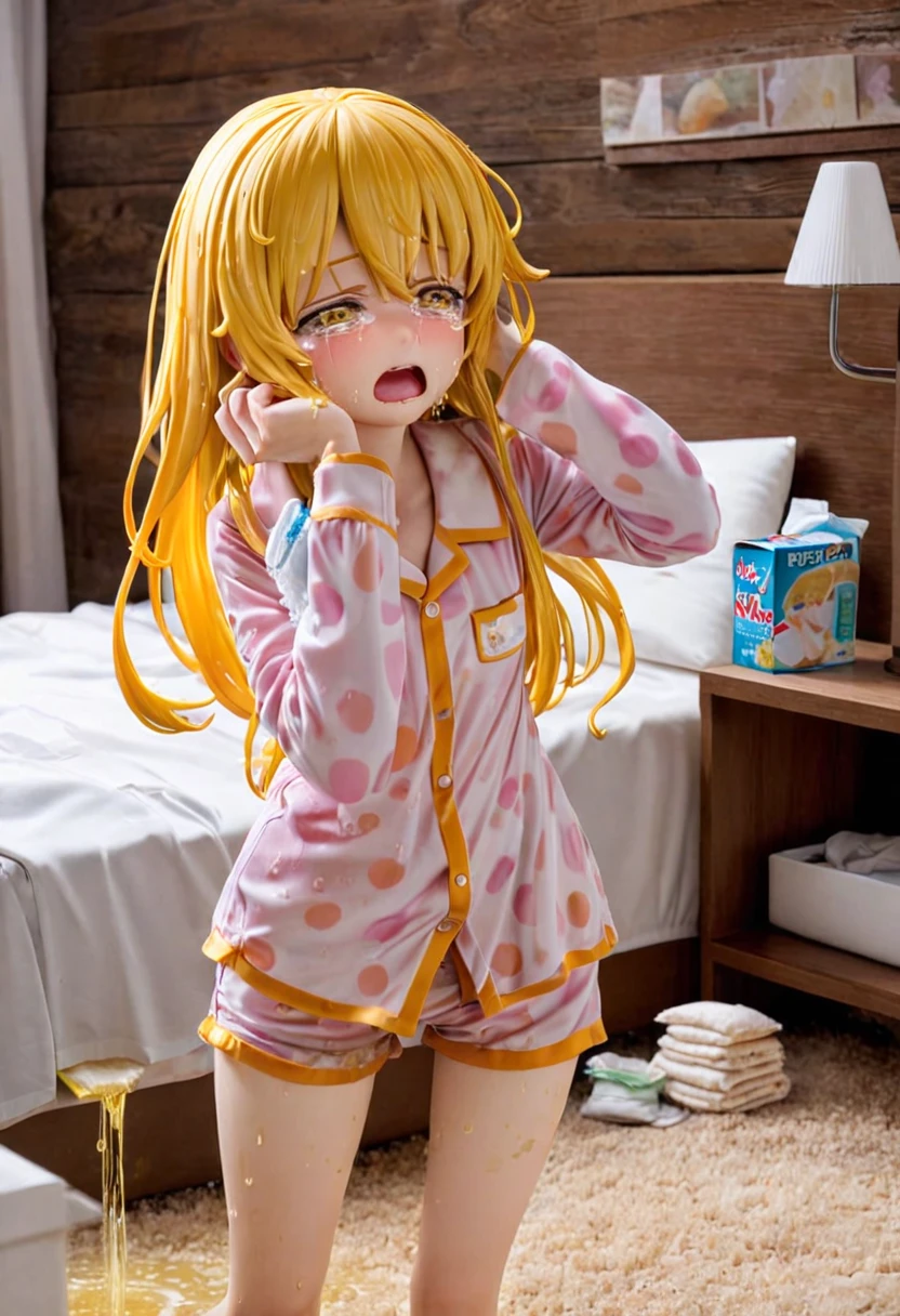 A 16-year-old girl peed herself in her bed at night. Her bed is wet with urine. She stands in her urine-wet pajamas and cries.. Pajamas are wet only at the bottom. With her hands she wipes her eyes from tears. The pajamas are white, but the urine has turned the shorts yellow.. Next to the bed, on which a urine stain is visible, there is a nightstand with a pack of diapers and a pacifier..