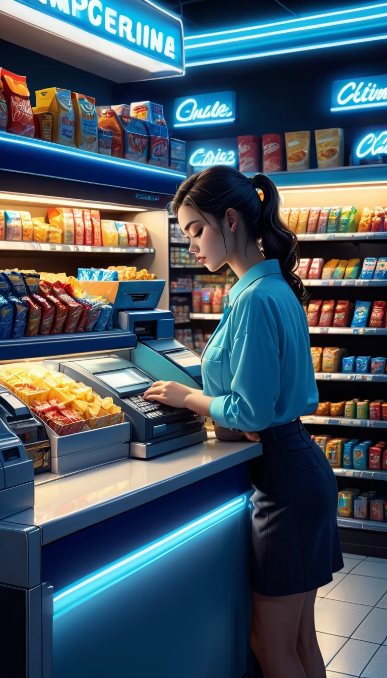 best quality,4k,highres,masterpiece:1.2,ultra-detailed,realistic
midnight convenience store,sleeping on the cash register tired young woman cashier,head resting on her hand,tired face,snoozing,peaceful scene,dimmed lights,cold blue ambiance,quiet ambiance,empty store,late night shadows,neon signs flickering,rows of shelves,snacks and drinks,price tags,reflective floor,polished counter,stack of registers,cash register machine
art style:hyperrealism,detail-oriented,light and shadow realism,photorealistic
lighting:soft rays from the ceiling lights,illuminating the area around the cashier,subtle shadows cast by the shelves,glowing neon signs,cold blue tint,creating a serene atmosphere