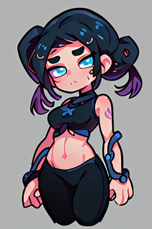 Masterpiece,Best quality, Perfect lighting,extremaly detailed cg,unified,8K wallpapers, Detailed face, CharacterDesignSheet，perfectly proportions，character  design（reference sheet：1.5）, model sheet, (multiple views [full bodyesbian|From behind|From the side Side|from the front side|Close-up|Upper body|Portrait]:1)，anime babe，The upper part of the body，Beautiful facial features，Beautiful face，peach skin，（largeeyes，blue eyes，In the glow：1.5），（black hair，Tie-ball heads：1.2），exaggeration，Delicate hairstyles , black tank top crop top, grey sweat pant's,，（The neck of the mechanism，Mechanical hands on chest：1.5），Semi-mechanical normal legs，simplebackground，with black backgrounds