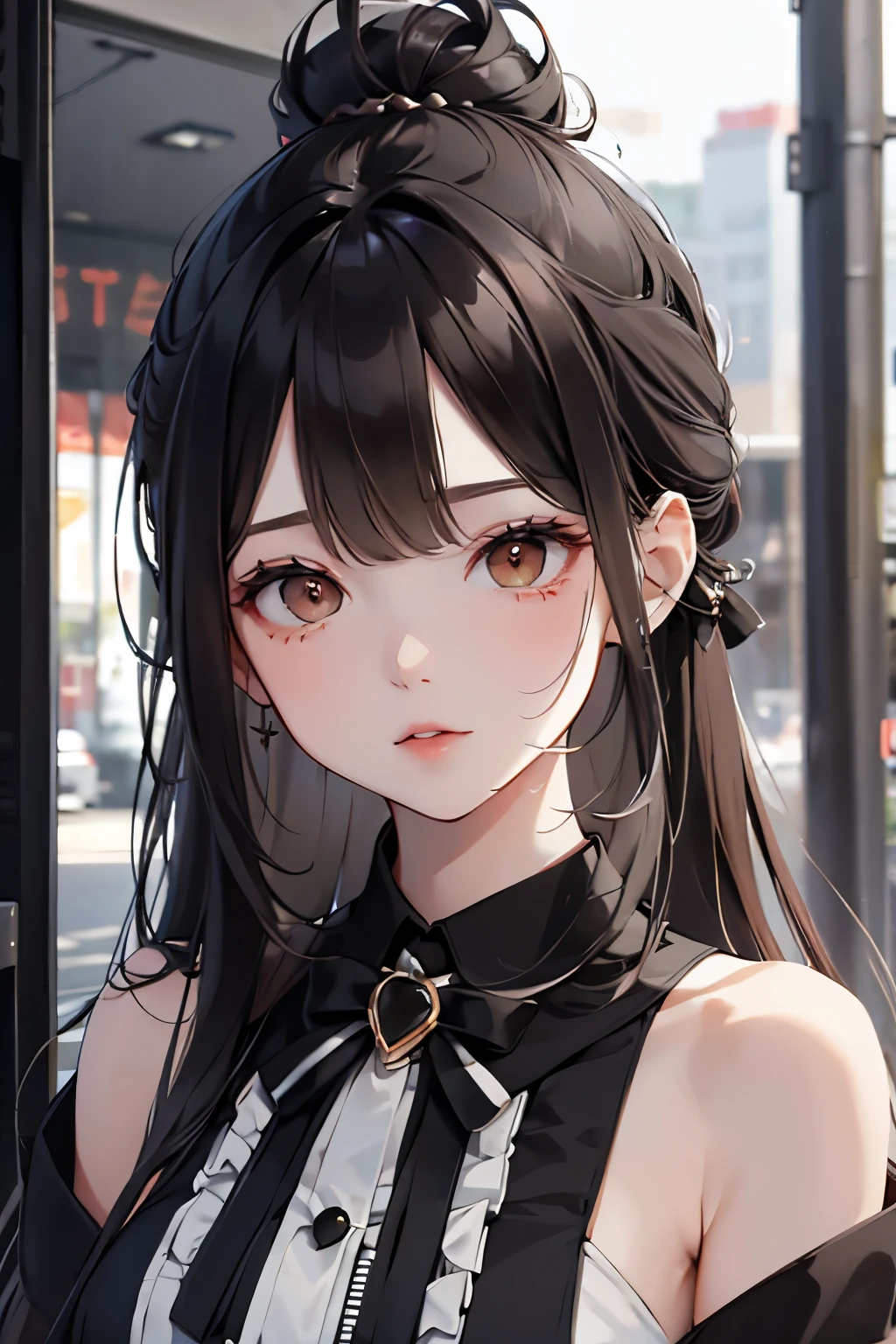 best quality, highres,Slender、brown eyes、tall、black hair、(Forehead exposed:1.7)、(semi-long:1.3),bun hair、7 life size