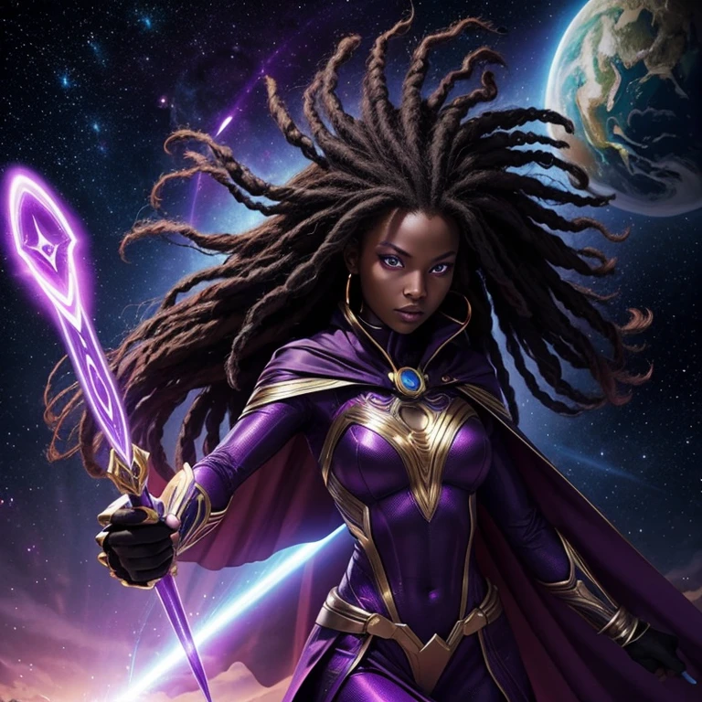 generate an image of an alien woman with purple eyes,black skin, female superhero, alien magic, flying over planet earth,Dread hair, superhero cape, alien magic wand