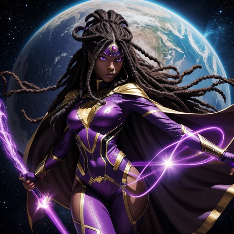 generate an image of an alien woman with purple eyes,black skin, female superhero, alien magic, flying over planet earth,Dread hair, superhero cape, alien magic wand