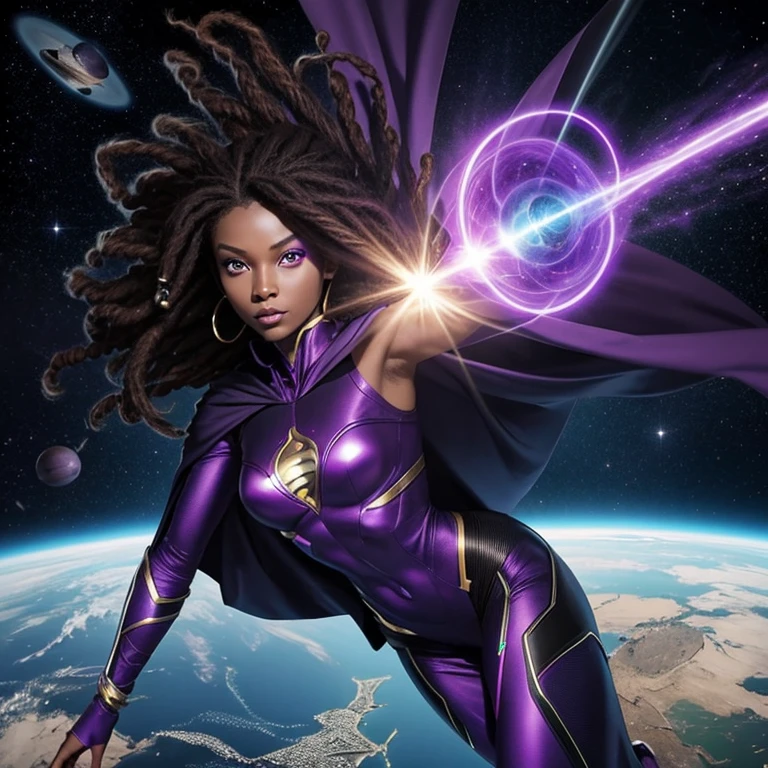 generate an image of an alien woman with purple eyes,black skin, female superhero, alien magic, flying over planet earth,Dread hair, superhero cape, alien magic wand