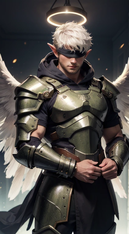 male, fantasy, warrior, armor, white wings, white hair, halo, halo, blindfold, hood, very handsome,  pointy ears, depth of field, masterpiece, anatomically correct, super detail, high quality