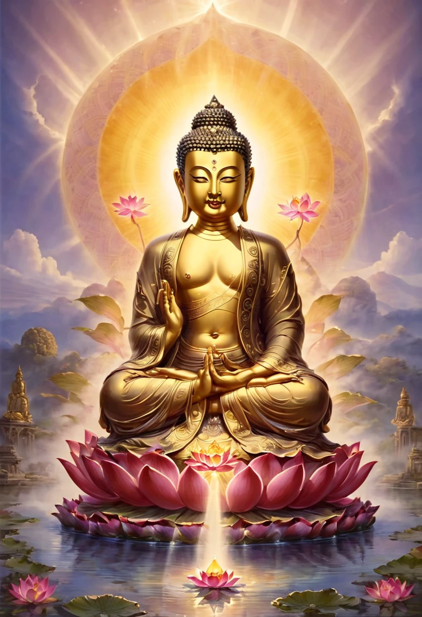 Western Elysium，The tall Buddha statue sits on a lotus throne，His face was solemn and calm，A ray of Tyndall light shone overhead，The body emits a golden glow，Colorful light fills the sky，The lotus flower shines gold，Peace and tranquility atmosphere，Exquisite and shocking scenes，Fantasy scenes，Overlooking the world