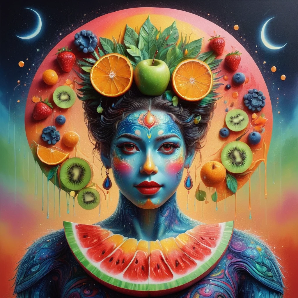 Imaginative depictions of characters made entirely of fruit pulp，The character is standing upright in a casual pose，Maybe one hand holding an apple，Body made of orange，watermelon，kiwi，Strawberries and other colorful fruit slices，A rainbow-like mosaic effect，The face is detailed and expressive，Elegantly shaped with tangerine peel and blueberry eyes，(The background depicts a convenience store at midnight:1.8)，(Bathed in the grey fog of the quiet night), (master level:1.2), Super details, Realistic, (Photorealism:1.3), first-person view, UHD, masterpiece, ccurate, anatomically correct, super detail, best quality, 8k