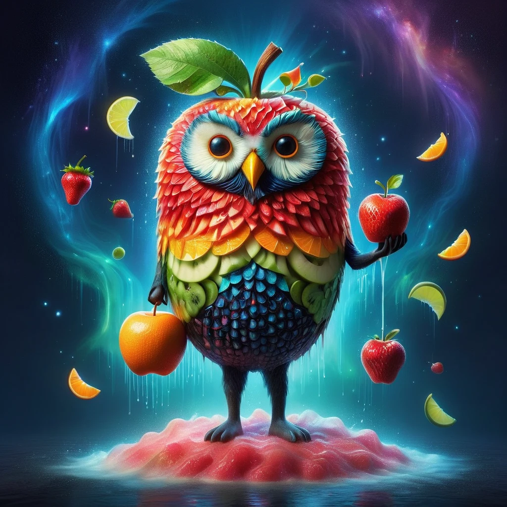 Imaginative depictions of characters made entirely of fruit pulp，The character is standing upright in a casual pose，Maybe one hand holding an apple，Body made of orange，watermelon，kiwi，Strawberries and other colorful fruit slices，A rainbow-like mosaic effect，The face is detailed and expressive，Elegantly shaped with tangerine peel and blueberry eyes，(The background depicts a convenience store at midnight:1.8)，(Bathed in the grey fog of the quiet night), (master level:1.2), Super details, Realistic, (Photorealism:1.3), first-person view, UHD, masterpiece, ccurate, anatomically correct, super detail, best quality, 8k