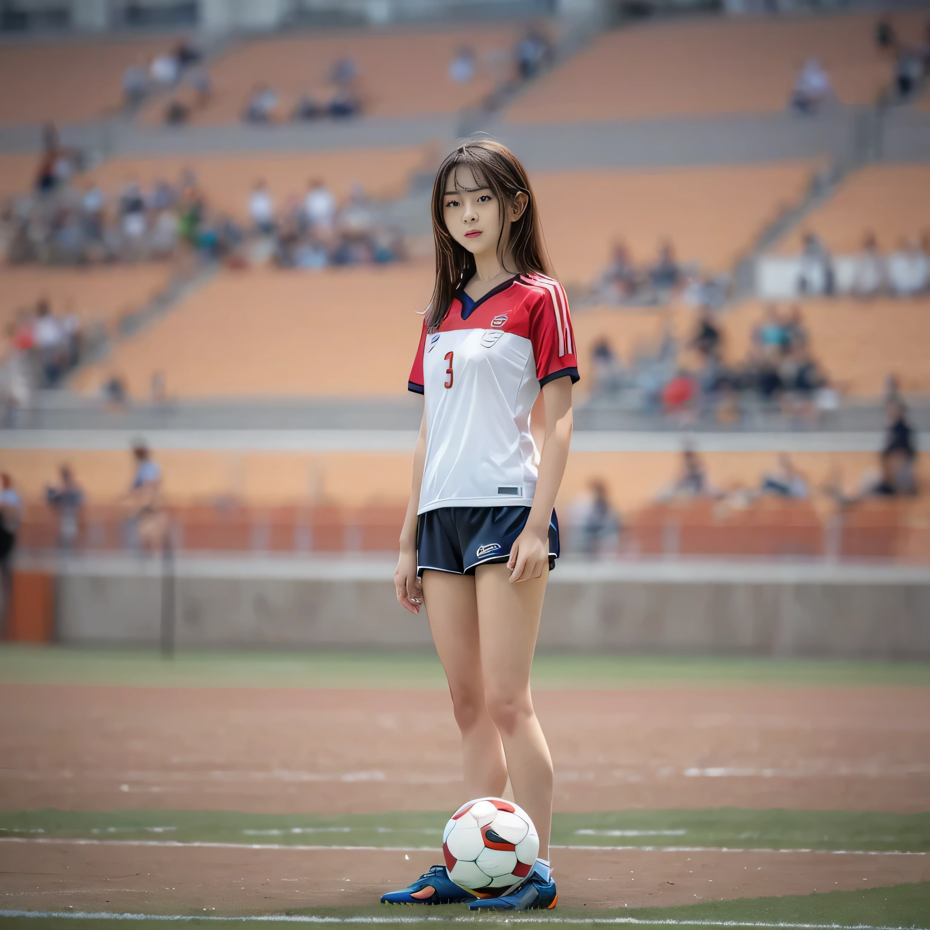 RAW image quality, (High resolution, highest quality, table top:1.4), (15 year old girl :1.3), sparkling skin, narrow waist, Large chest teeth above the skin, (A woman in light soccer clothing:1.3), soccer uniform, short shorts, sweat a lot, (Above the football stadium:1.2), (Her panties are visible under her shorts:1.2), tight clothes, pointed nipples, pubic hair, angry look, blush, beautiful background, (Only one ball:1.4), (Soccer ball with a diameter of 21 cm:1.4), Detailed CG image quality, biologically correct,