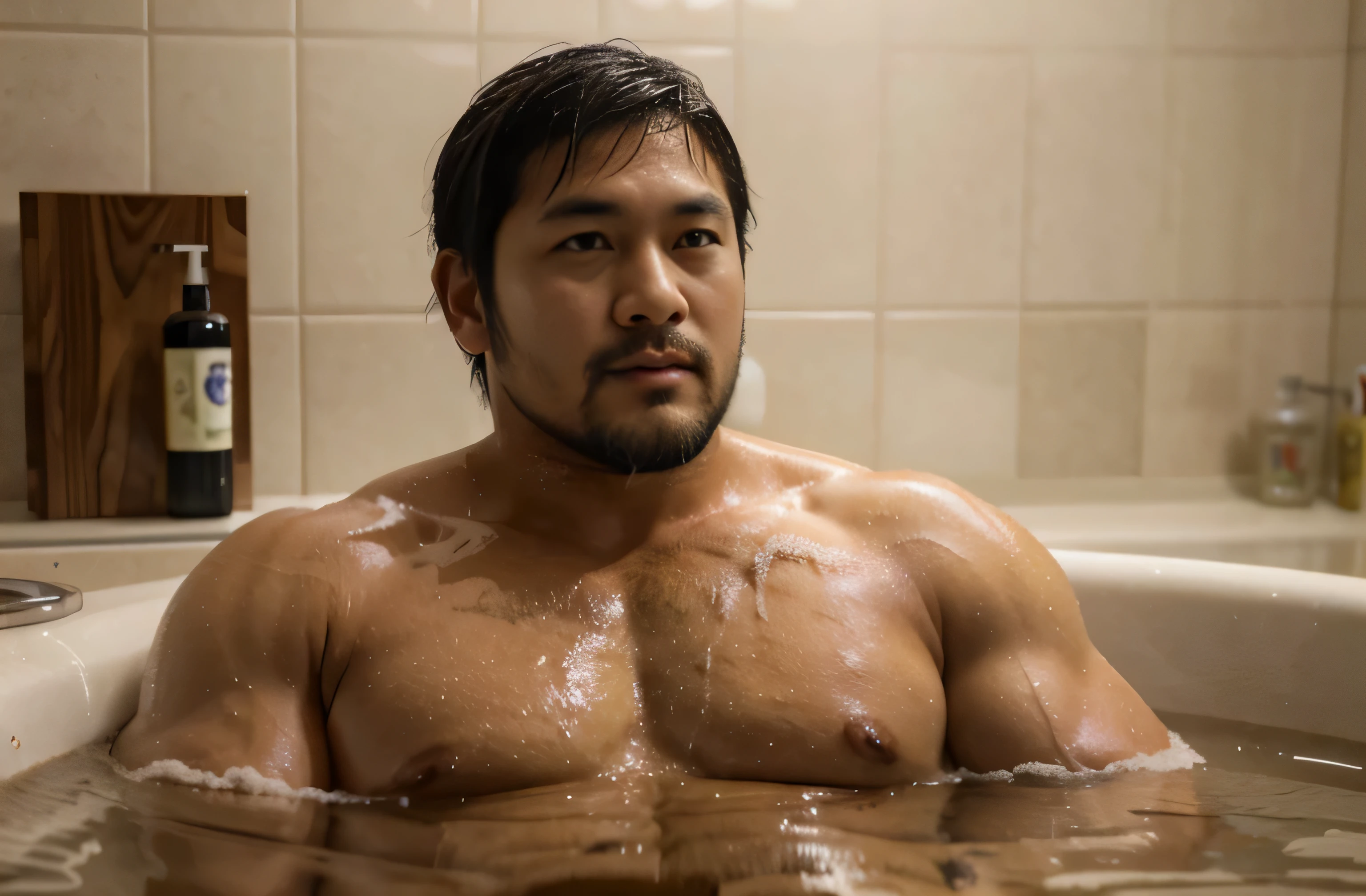 A 40-year-old Japanese former rugby player is taking a bath stocky chubby thick short beard short hair