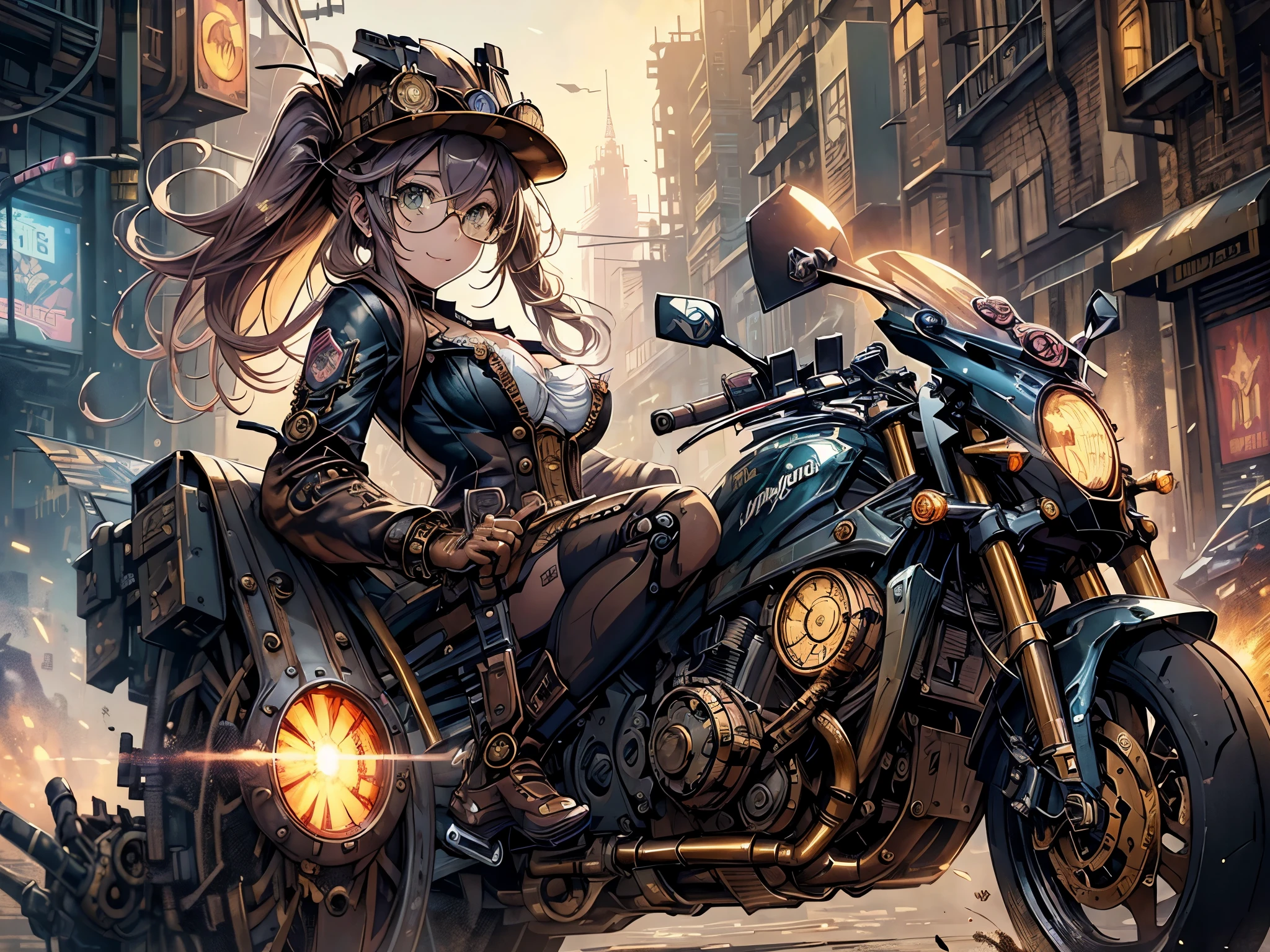 (comic book style),(line drawing_anime),(cowboy shot, highest quality, ),(Laura Budd Photos:1.2),(Laura Add Details:1.0),8K, flat color:0.8,dynamic angle,1 girl,smile、(On a steampunk motorcycle:1.5)、An elaborately decorated motorcycle、(Highly decorative and complex mechanical steampunk fashion, lace flare dolphin hat、goggles 1.5、machinery background、Gear background、Intricately mechanized steampunk cityscape 1.5),