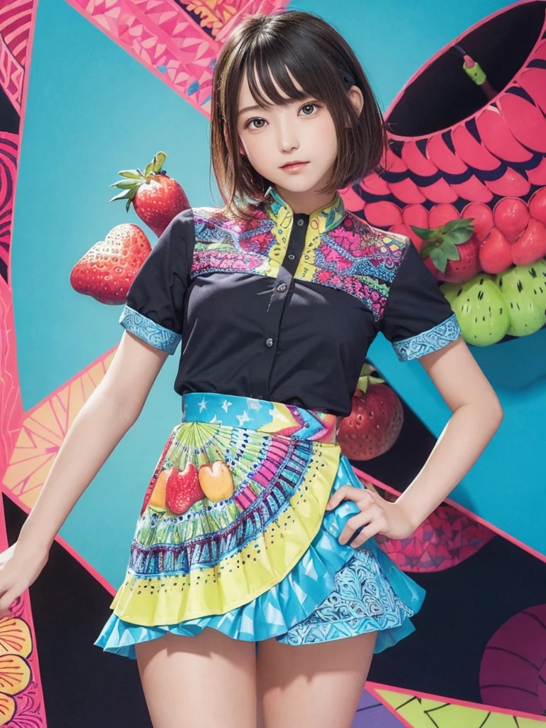 (ultra-detailliertbackground、detailedbackground)、absurderes、Hi-Res、ultra-detailliert、ighly detailed、1girl in、(Colourfull fruits:1.3)、(Zentangle:1.2)、(Geometry:1.2)、(colourfull)、A slender、tiny body、flat body、Faces of junior high school students