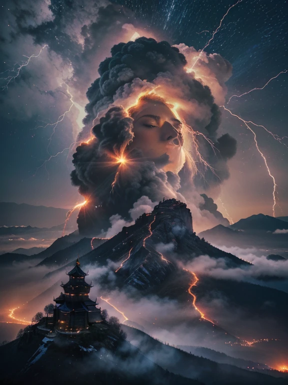Impressive portrait of mountain a gracefully in the sky fire. was composed of fine white clouds, fine flames, and sparkling dark blue lightning. The backdrop is a tall pagoda building and the bloodmoon , its body is a swirl of dark blue clouds, fire, and lightning, creating a feeling of movement and power. shows a wide open dark sky with scattered clouds, efect fire and light blue giving the impression of endless freedom and adventure, 4k, high resolution, cinematography.