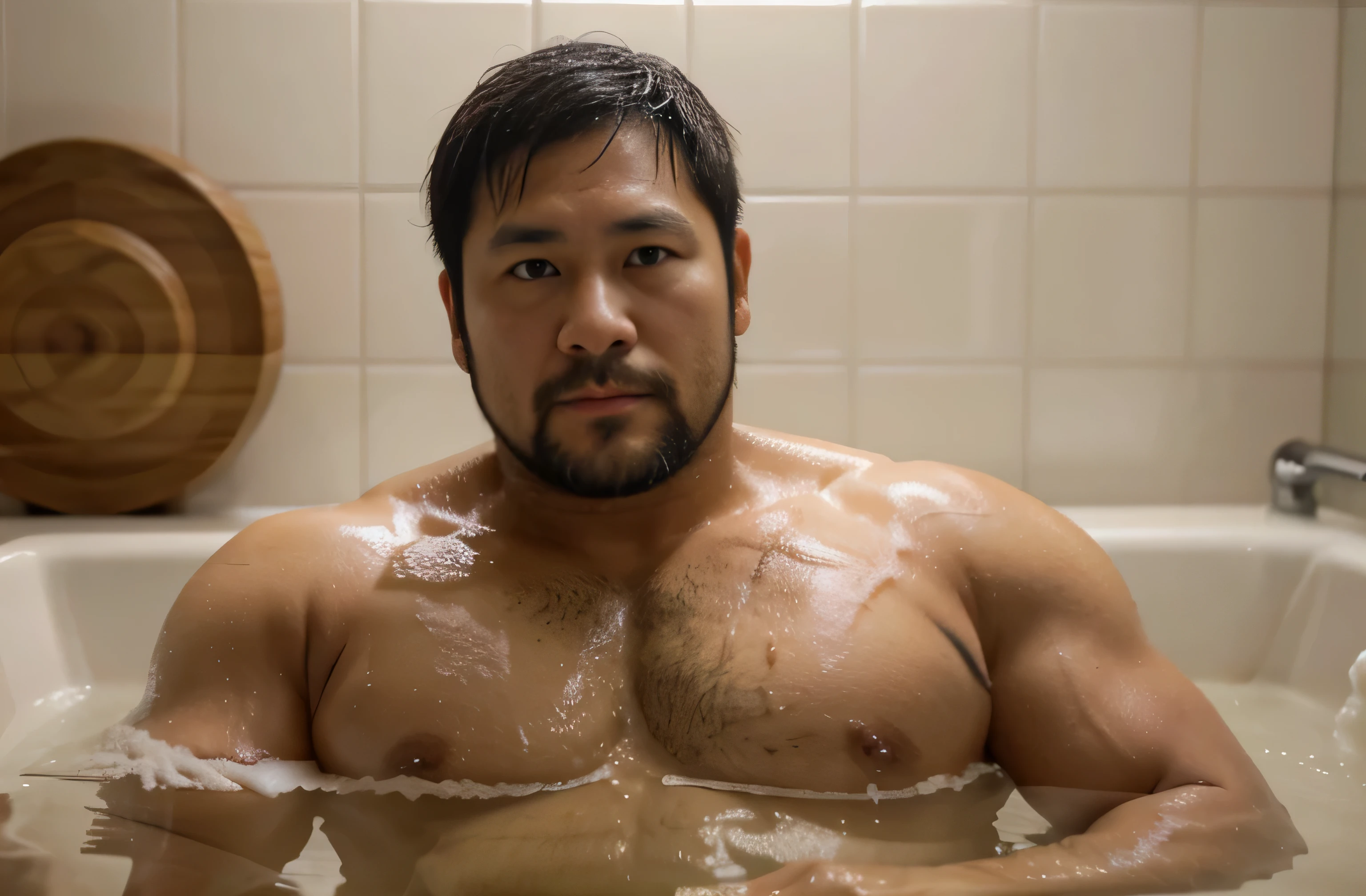 A 40-year-old Japanese former rugby player is taking a bath　stocky chubby thick  short beard  short hair