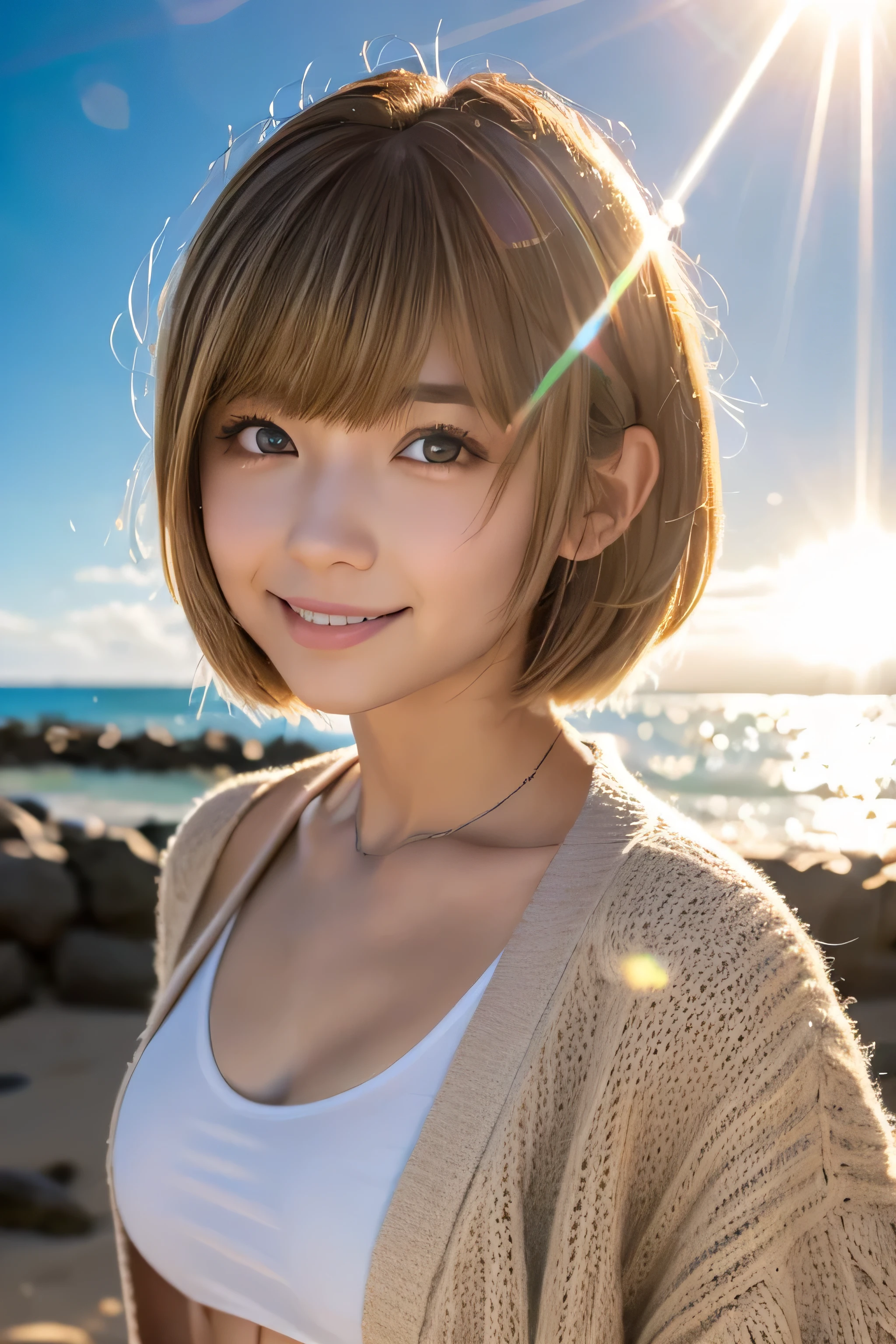((No makeup、close your mouth:1.2))、(realistic、Photoreal、super detailed、best detailed skins、highest quality、masterpiece、超A high resolution)、cute russian woman、、high school girl、young girl、1 girl、have bangs、ash blonde:1.7、double eyelid、drooling eyes、Japanese style face、purity、double teeth、realistic skin type、(I cut my hair short、Shaggy cut cardigan that bounces outwards:1.2).fluffy hair、red cheeks、Lighting from behind、I went to the beach in the middle of winter lol Waikiki Beach in Hawaii、In a gingham checked bikini、With a smile、((Lens flare:1.3))、Because I come from a snowy country、It's so hot www
