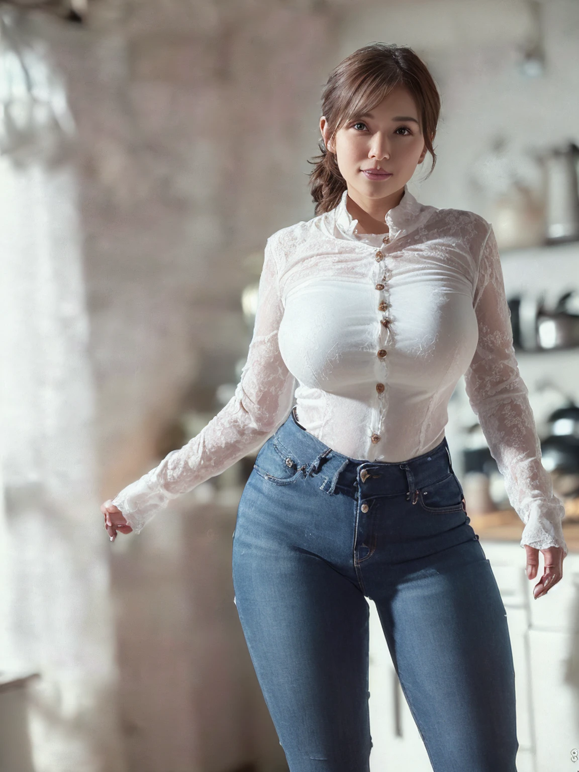 (8K,RAW photo,highest quality,masterpiece:1.8),(looking at the viewer:1.7)erotic,(standing in the kitchen:1.7),(huge breasts:1.6),(Very small waist:1.7),(very thin legs:1.7),(Tight white buttoned blouse:1.7),(A white blouse that accentuates the shape of her breasts:1.7)(Enchanted expression:1.8),(One beautiful mature woman:1.9),(Tight jeans:1.7),(curby body:1.7)