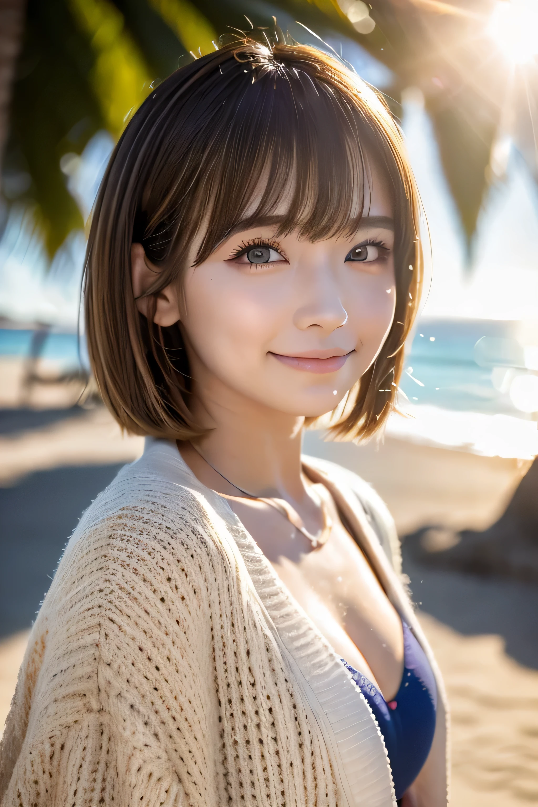 ((No makeup、close your mouth:1.2))、(realistic、Photoreal、super detailed、best detailed skins、highest quality、masterpiece、超A high resolution)、cute russian woman、17 years old、high school girl、young girl、1 girl、have bangs、ash blonde:1.7、double eyelid、drooling eyes、Japanese style face、purity、double teeth、realistic skin type、(I cut my hair short、Shaggy cut cardigan that bounces outwards:1.2).fluffy hair、red cheeks、Lighting from behind、I went to the beach in the middle of winter lol Waikiki Beach in Hawaii、In a gingham checked bikini、With a smile、((Lens flare:1.3))、Because I come from a snowy country、It's so hot www