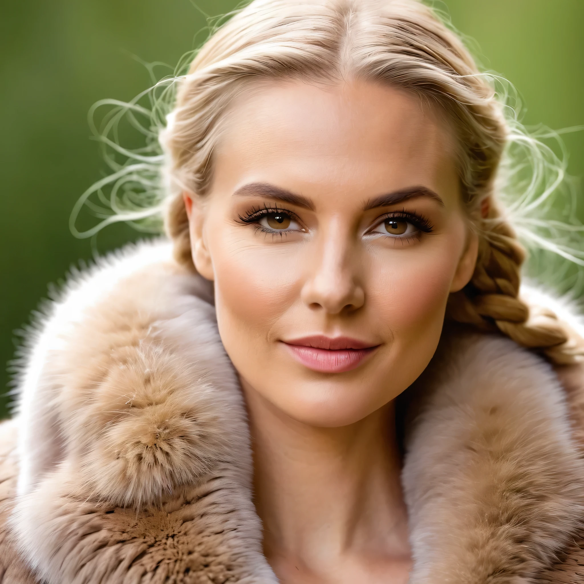 A very wide and very thick, very short sand mink fur coat, fifty centimeters thick, duveteux, naturel, with an ultra thick white and sand mink fur collar, three layers, best quality,4k,8K,high resolution,masterpiece:1.2),Ultra-detailed,(Realistic,photoRealistic,photo-Realistic:1.37), (Femme viking), scandinave, 35 ans,joufflu, "Ingrid Mueller" (tresses de cheveux blond clair), Forêt de bouleaux, natural lighting, ombres douces,palette de couleurs vertes, relaxed expression, braided hair,, doux sourire, atmosphère paisible, feuilles de printemps,beaux-arts,gros plan du visage et du haut du corps, , corps naturel, pose naturelle, Vent subtil soufflant, high resolution,detailed eyes, joues roses, attitude joyeuse