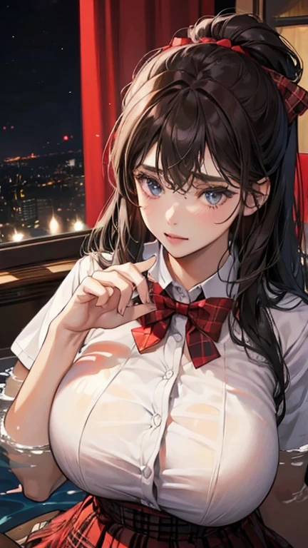(in the dark:1.6) , big breasts , big tits , school girl Soak in water , skirt dark red , plaid skirt , pleated skirt , red knot , red bow