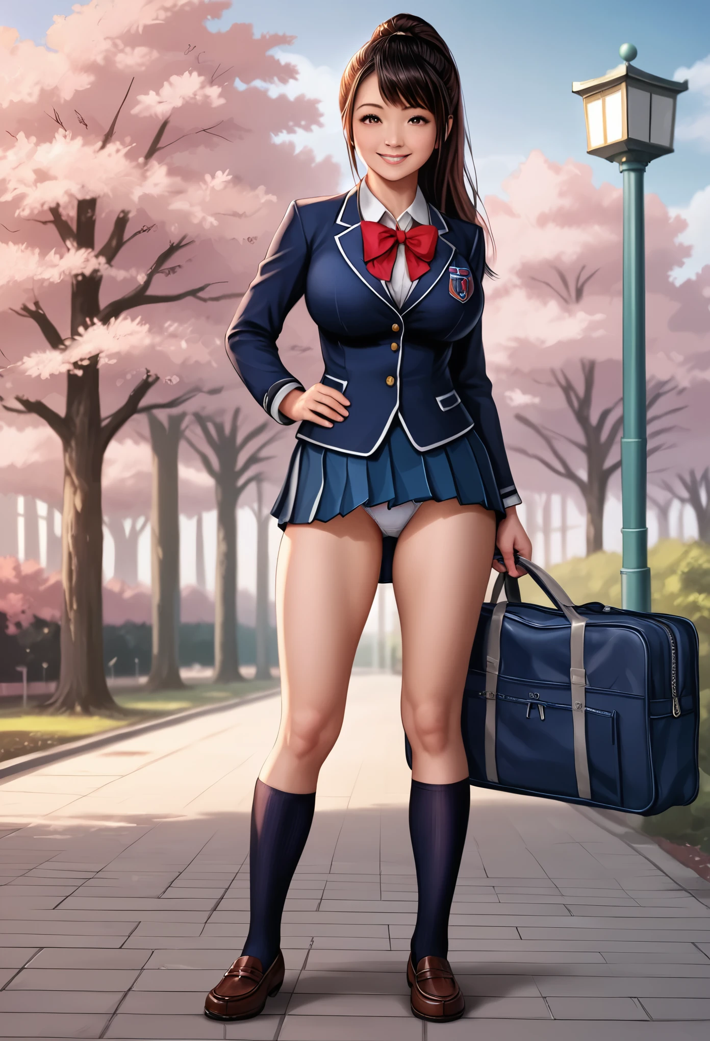 ((Japanese high school uniform)),Wear a short pleated skirt 、Silk panties sticking out、panty shot、focus on panties、Soft skin、ponytail, japanese girl, 8K, huge breasts,full body shot、 highest quality, masterpiece, realistic, Photorealistic super detail, one girl, cute, best smile, beautiful eyes, long hair, perfect face,full body shot