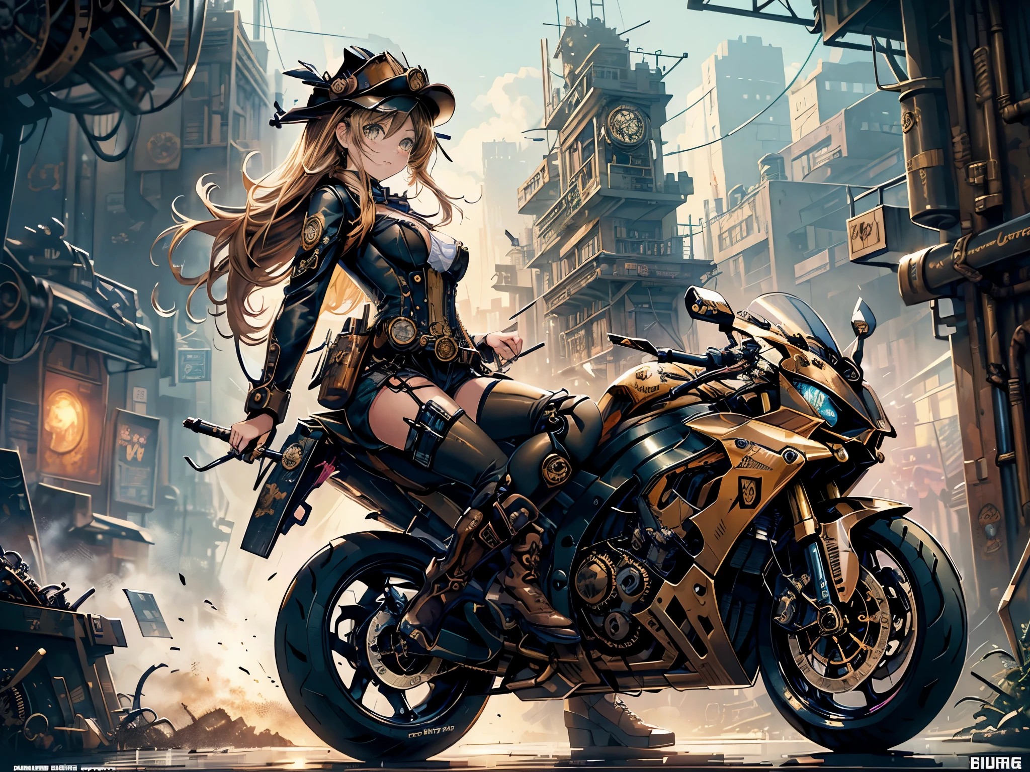(comic book style),(line drawing_anime),(cowboy shot, highest quality, ),(Laura Budd Photos:1.2),(Laura Add Details:1.0),8K, flat color:0.8,dynamic angle,1 girl,smile、(On a steampunk motorcycle:1.5)、An elaborately decorated motorcycle、(Highly decorative and complex mechanical steampunk fashion, lace flare dolphin hat、goggles 1.5、machinery background、Gear background、Intricately mechanized steampunk cityscape 1.5),