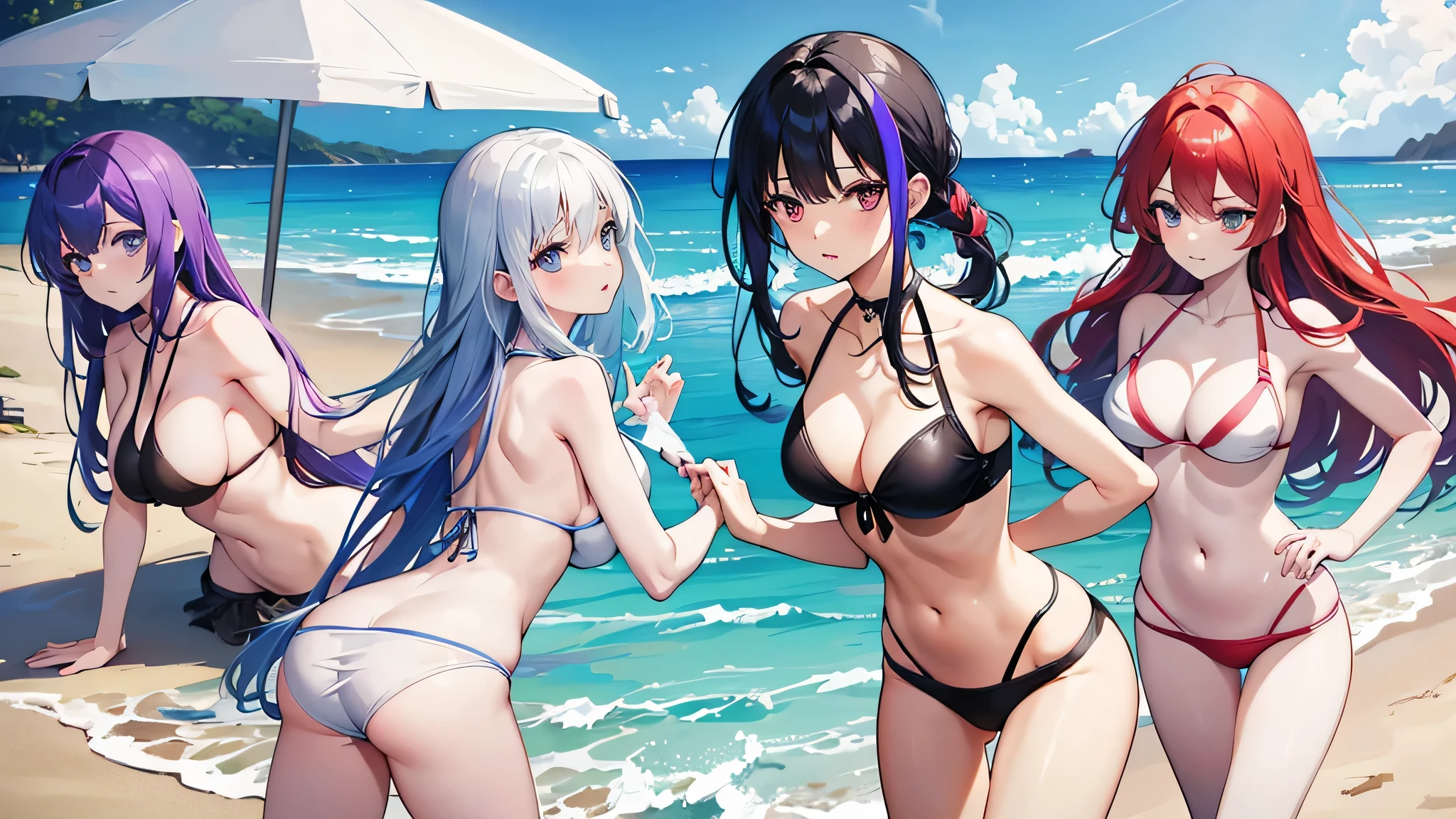 Six people,woman,There is a sense of distance,Sexy bikini swimsuit,red hair purple eyes,Blue hair and green eyes,Black hair, blue eyes,White hair and golden eyes,get beach ball