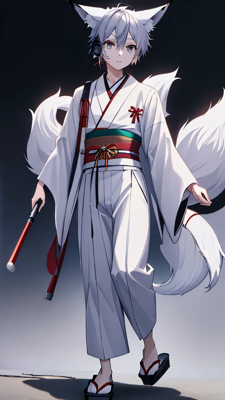 boy、whole body、head、face、body、hand、waist、feet、toes、geta、((highest quality)), ((masterpiece)), (be familiar with), silver hair,  fox ears, Nine fox tails,,White clothing、Hakama、Wearing earphones High resolution, super sharp, 8K, masterpiece, looking at the viewer、no background、background through、Japanese anime style