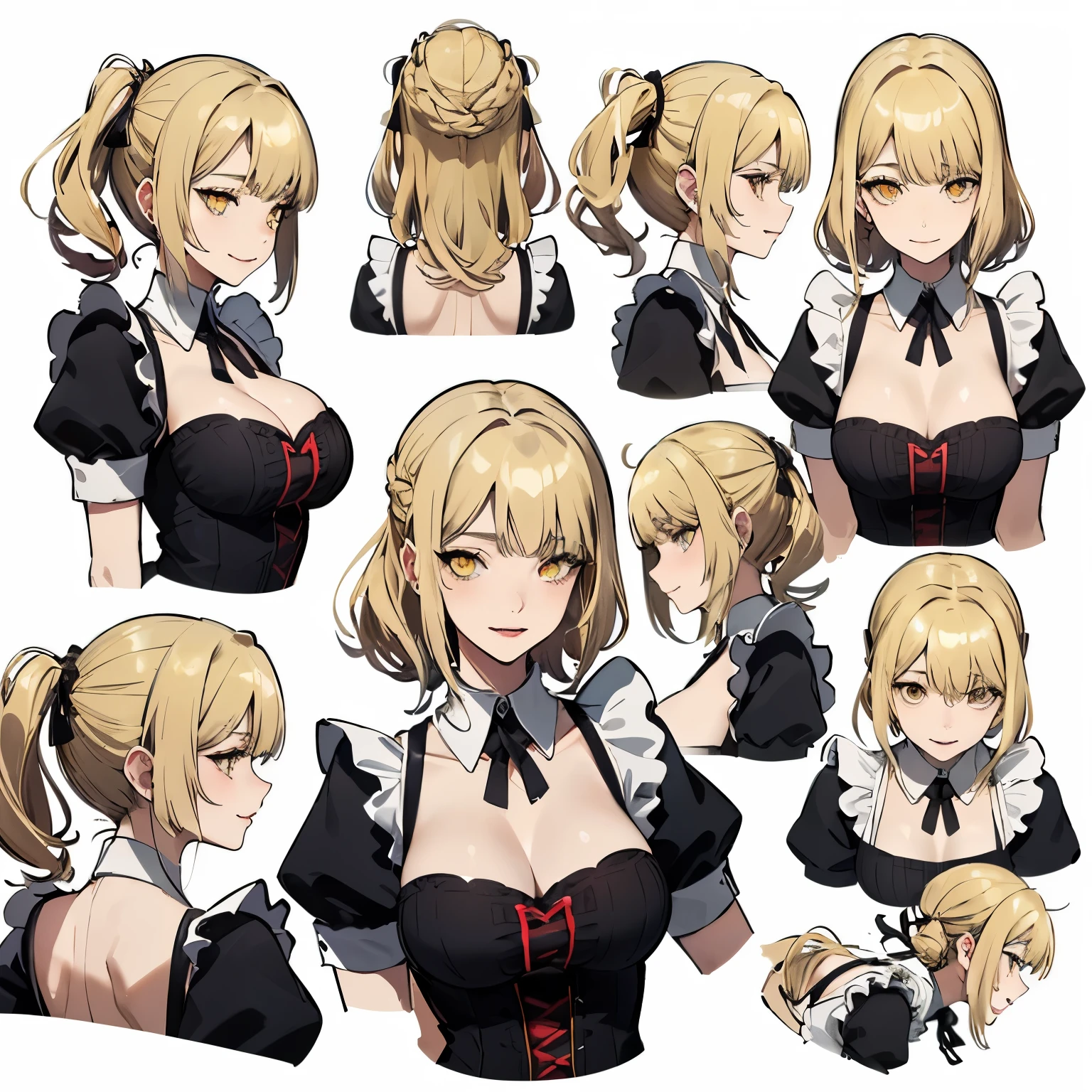 (masterpiece, 8K, highest quality, very detailed, 1 mature woman), (Consistent personality, same character), (blonde hair, yellow eyes), (very detailed顔と肌の質感, fine eyes), evil smile, big breasts, alone, (maid), white background, bare shoulders, enchanting smile, (multiple views, multiple angles), Side view, Front view, look up, look down, Rear view, 20-degree head view