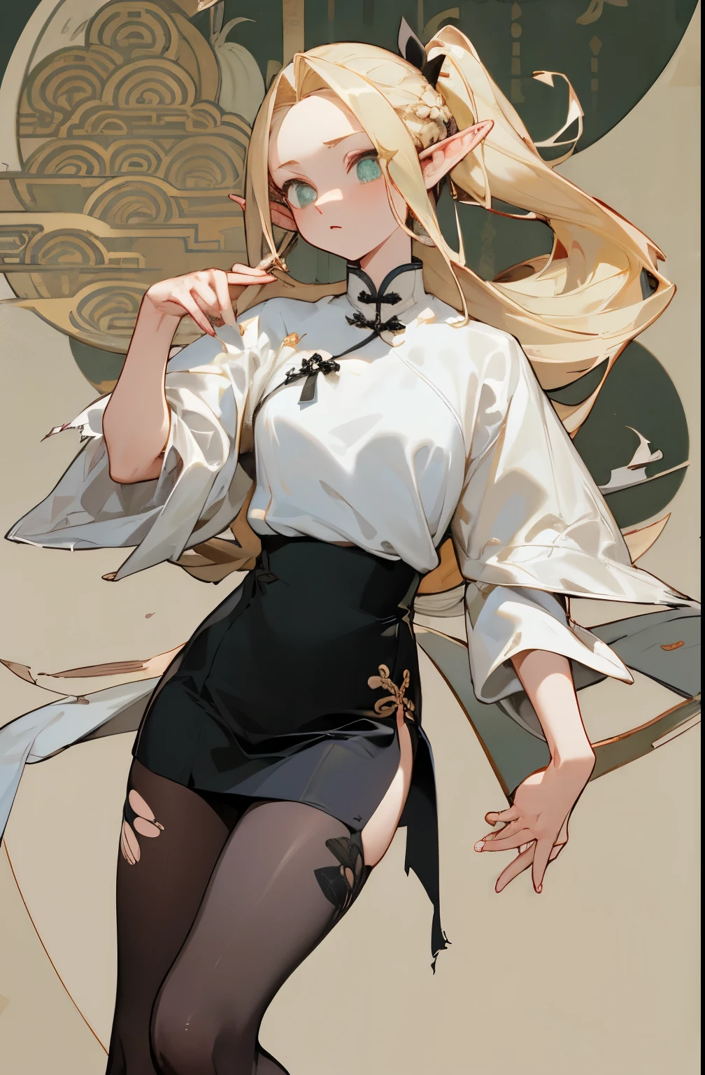 (masterpiece, best quality) detailed, Wearing black tights, silver accessories , blonde ,elegant, pointed ears ，Chinese element pattern，White shirt，torn clothes