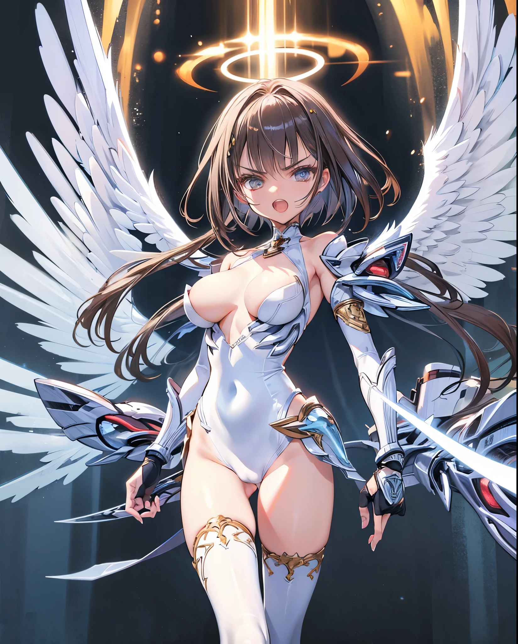 fantasy, 1angel_girl,(young_:1.5), ,brown_hair, medium_bob_hair, long_bangs, halo,bare_shoulder,thighhighs,silver_armor, waist_armor, large_breasts,angry,grinning,open_mouth_teeth, 1pair_wings, dynamic_pose_fighting,floating, bare_crotch, headgear,gauntlet, greaves,city_background,slightly_spread_legs, solo, groin_naked,