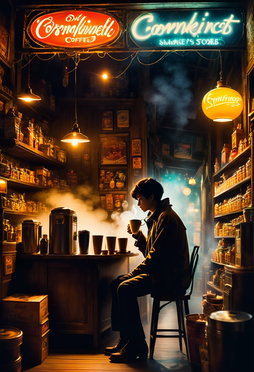 

           
            Dim lights Midnight convenience store dim lights mysterious and quiet atmosphere A boy&#39;s silhouette is sitting with a cup of smoking coffee in his hand, half-length silhouette in the foreground, half-length close-up, hand holding a cup of smoking coffee    (You don’t need to know that half of your body is swallowed up by the night) 

           The quiet atmosphere of the midnight convenience store usually does not have many customers.，The store is usually quiet with only dim mysterious lights. Items on the shelves. Various products are placed on the shelves.，From food to daily necessities，Every item has a specific meaning and value.，

               As if they also have their own stories. Old-fashioned decoration. The decoration of midnight convenience stores is usually a bit old-fashioned.，

                   Some old-fashioned decorations and furniture can be seen，Gives a retro feeling, mysterious and low-key atmosphere, the mysterious atmosphere of light and shadow art,  subtly illuminate, Highly detailed digital art in soft colors，Fantasy Art Performance，surreal