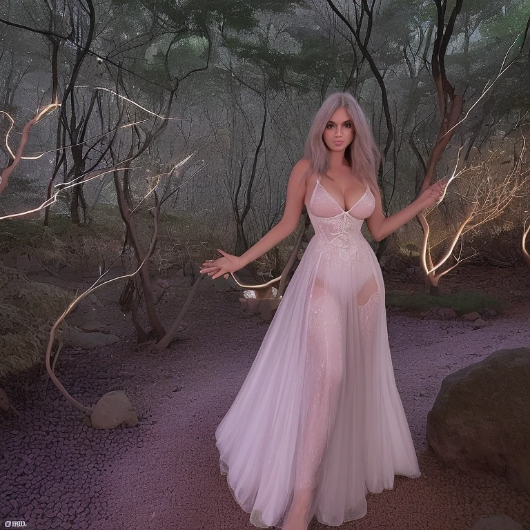 Uma garota com uma espadade fio brilhante, pose de heroi,cabelos longos rosa,olhos violetas, roupas sensual apertadas , The background is a forest at night with some rocks and dry branches on the ground,nevoa e neblina fraca,anime, garota bonita,angulo dinamico, decote, permanecer noite