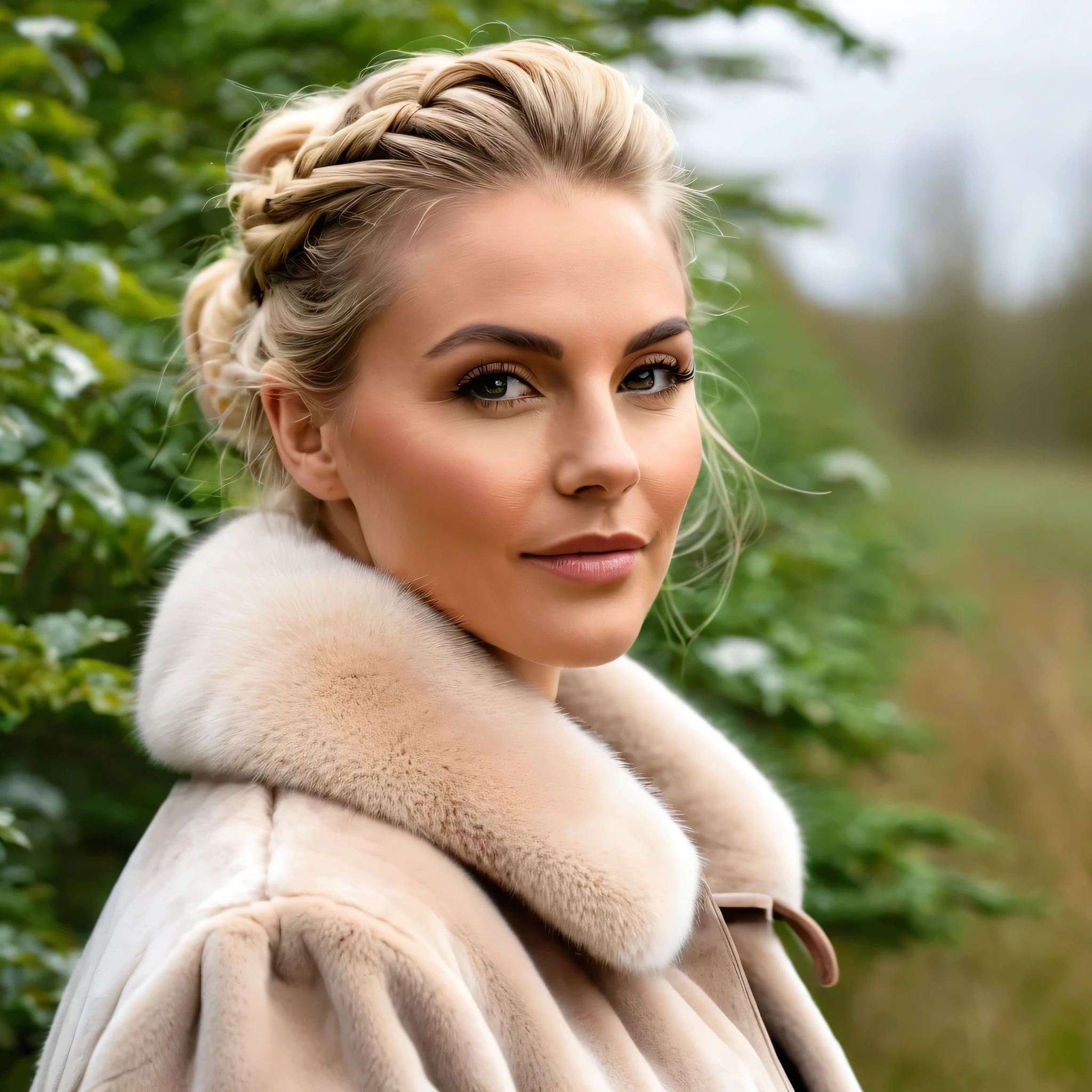 A very wide and very thick, very short sand mink fur coat, fifty centimeters thick, duveteux, naturel, with an ultra thick white and sand mink fur collar, three layers, best quality,4k,8K,high resolution,masterpiece:1.2),Ultra-detailed,(Realistic,photoRealistic,photo-Realistic:1.37), (Femme viking), scandinave, 35 ans,joufflu, "Ingrid Mueller" (tresses de cheveux blond clair), Forêt de bouleaux, natural lighting, ombres douces,palette de couleurs vertes, relaxed expression, braided hair,, doux sourire, atmosphère paisible, feuilles de printemps,beaux-arts,gros plan du visage et du haut du corps, , corps naturel, pose naturelle, Vent subtil soufflant, high resolution,detailed eyes, joues roses, attitude joyeuse